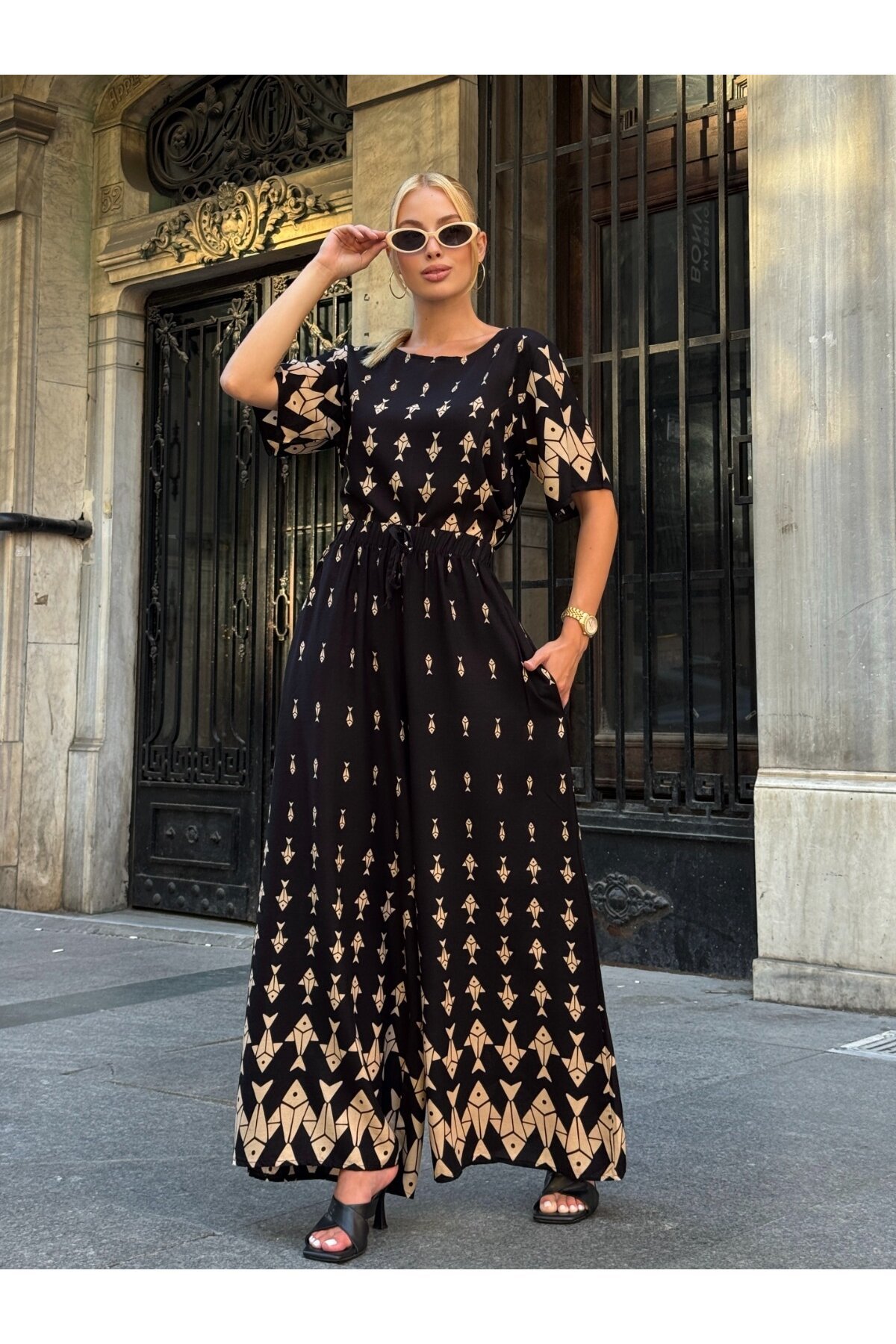 Viskon Kumaş Desenli Bol Paça Alt Üst Takım