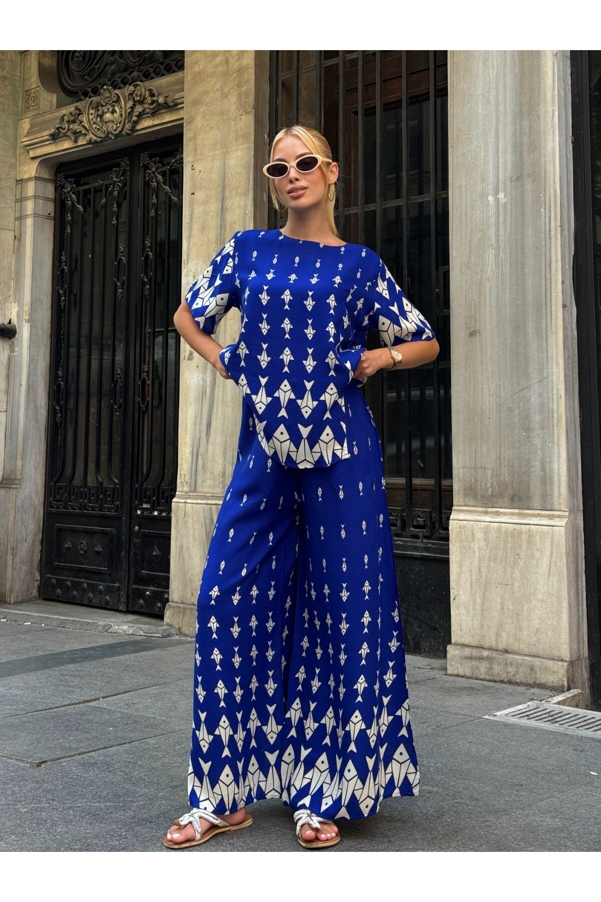 Viskon Kumaş Desenli Bol Paça Alt Üst Takım