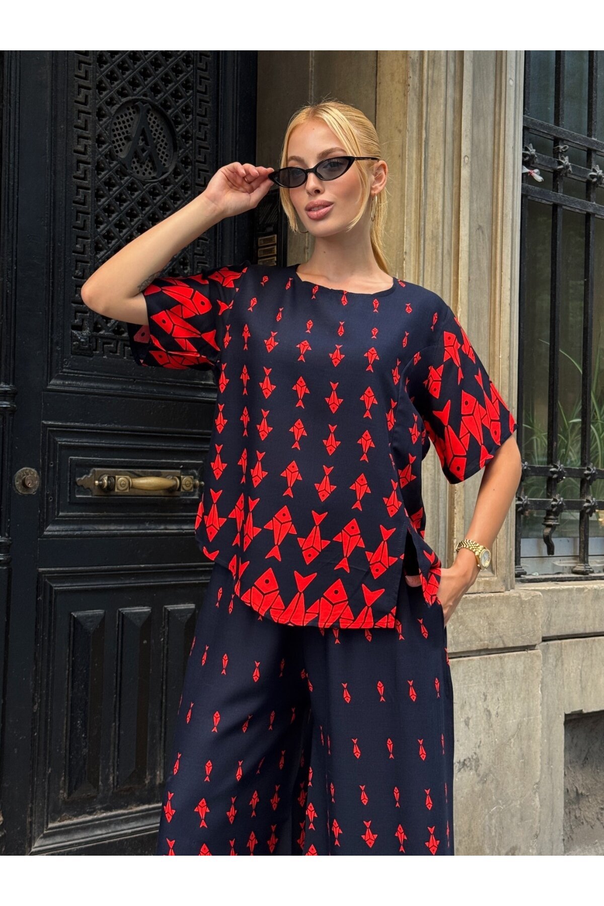 Viskon Kumaş Desenli Bol Paça Alt Üst Takım