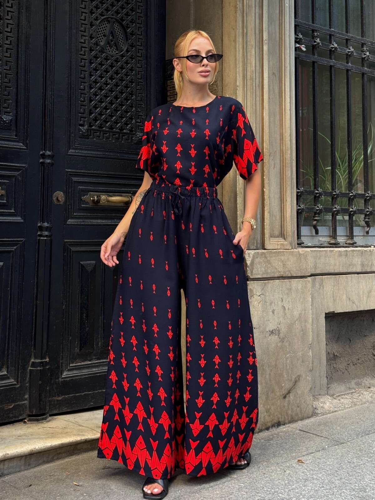 Viskon Kumaş Desenli Bol Paça Alt Üst Takım