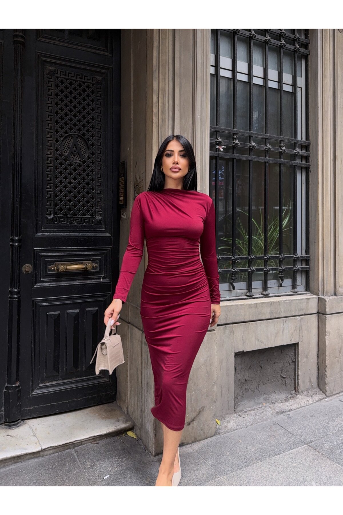 Yaka Detay Sandy Kumaş Elbise