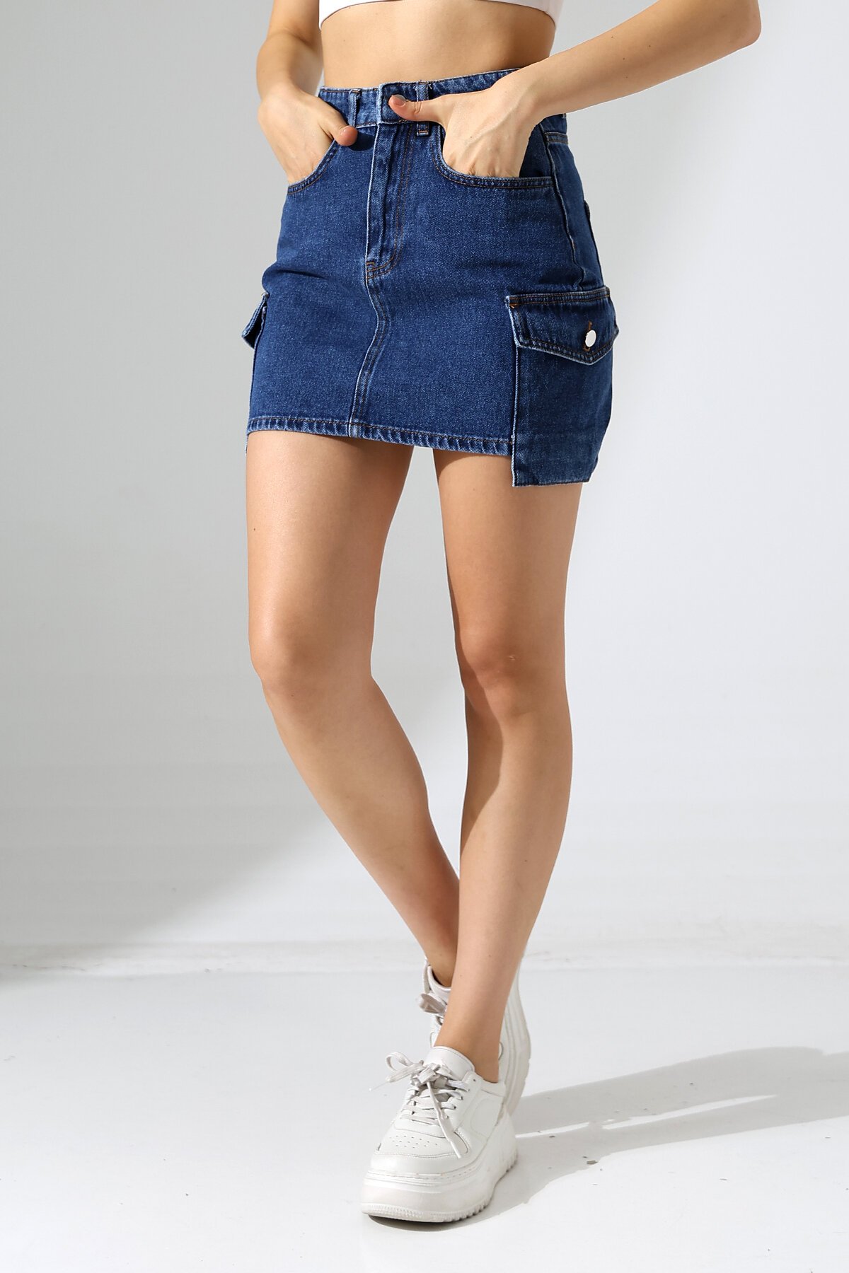 Yanları Cep Detay Kot Etek Lacivert