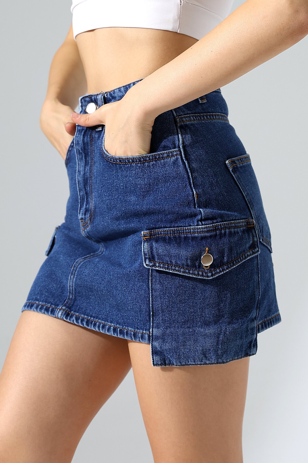 Yanları Cep Detay Kot Etek Lacivert