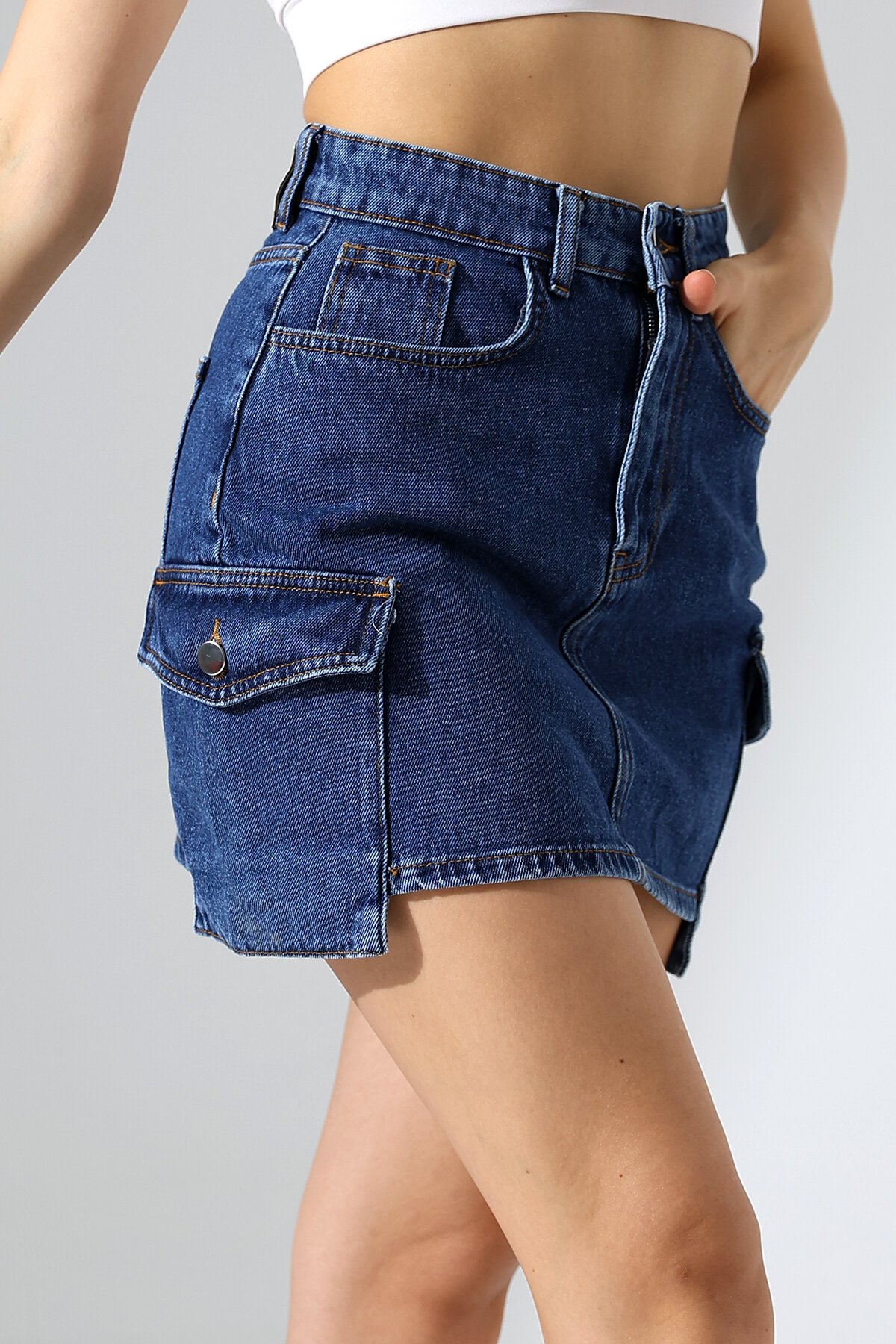 Yanları Cep Detay Kot Etek Lacivert