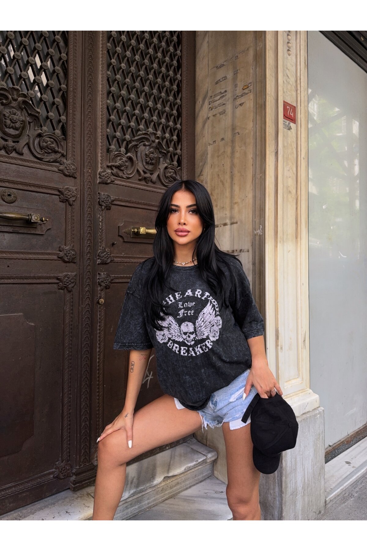 Yıkamalı Heart Baskılı T-Shirt