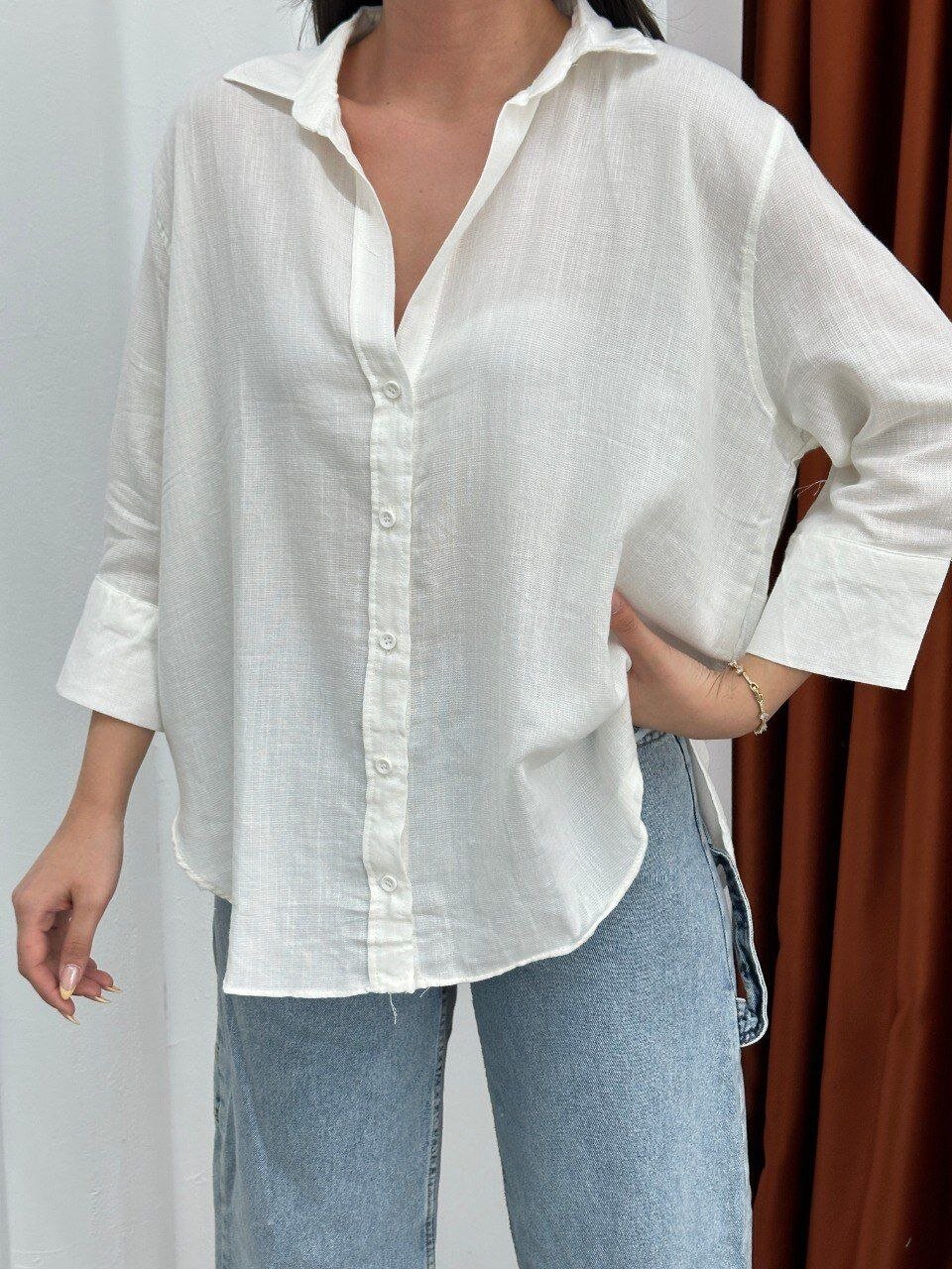 Yıkamalı Pamuk Keten Gömlek Beyaz