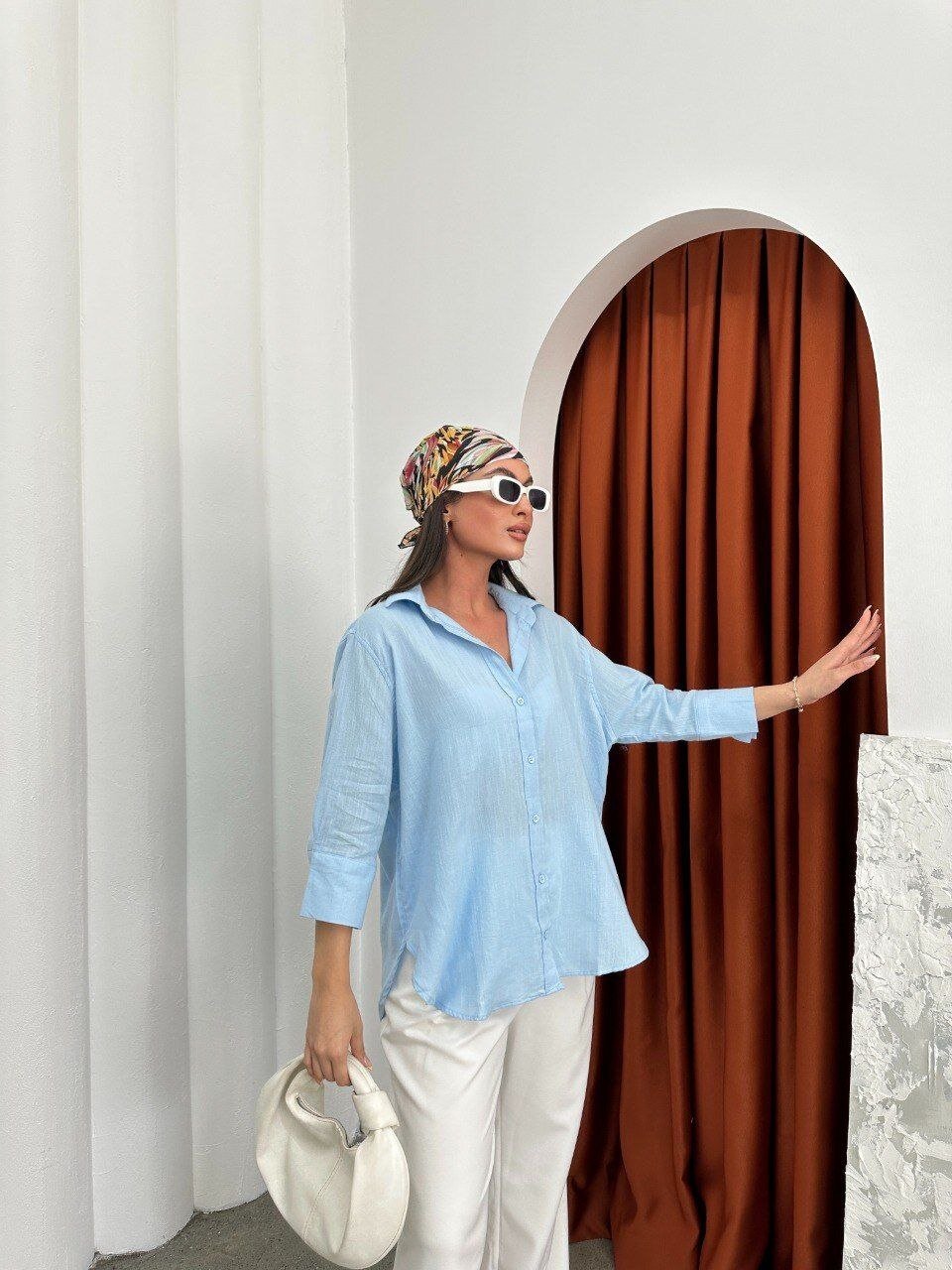 Yıkamalı Pamuk Keten Gömlek Mavi