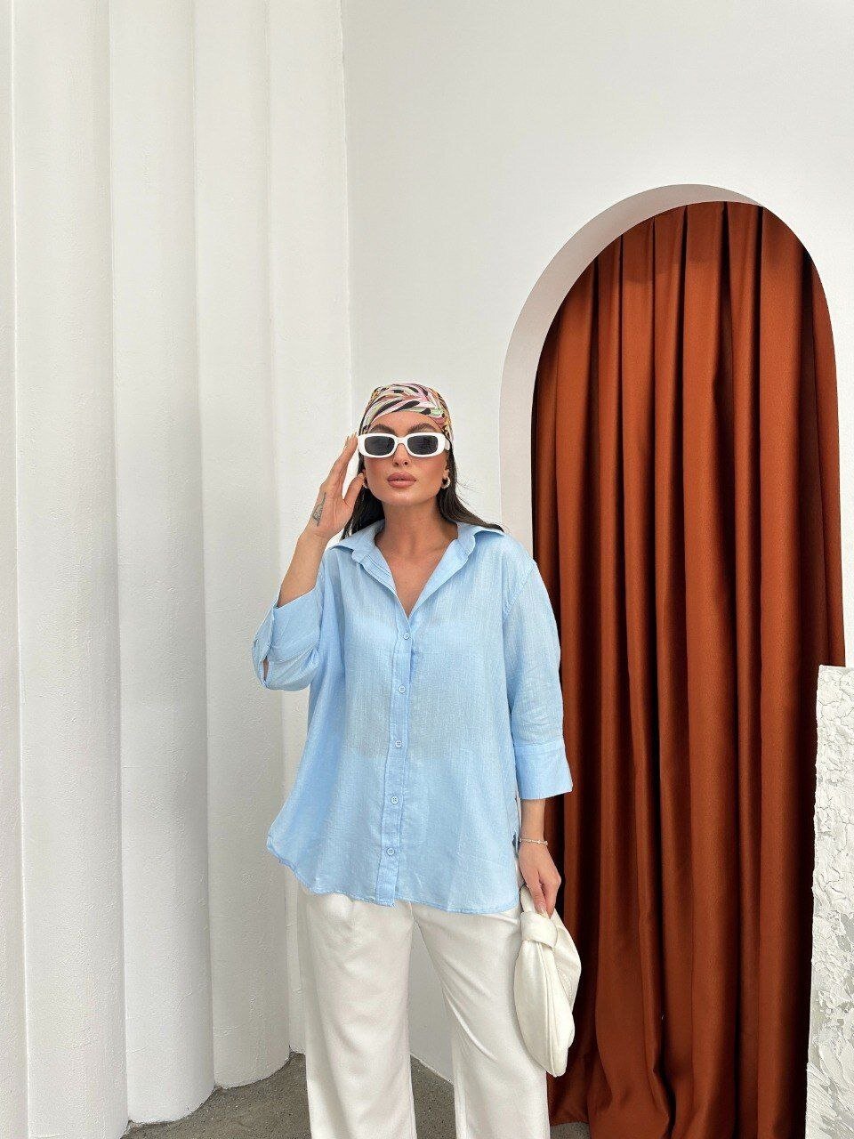 Yıkamalı Pamuk Keten Gömlek Mavi