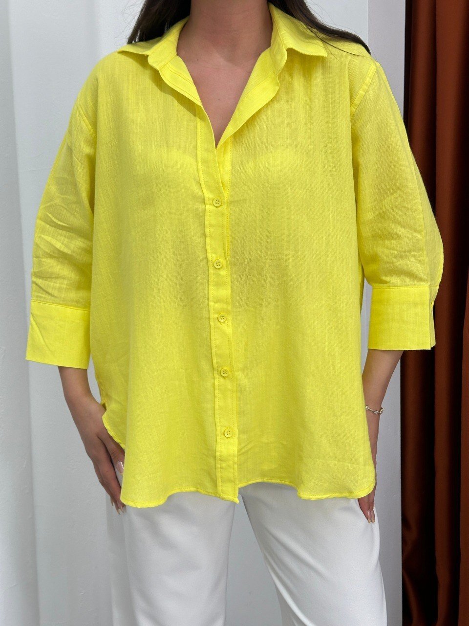 Yıkamalı Pamuk Keten Gömlek Sarı