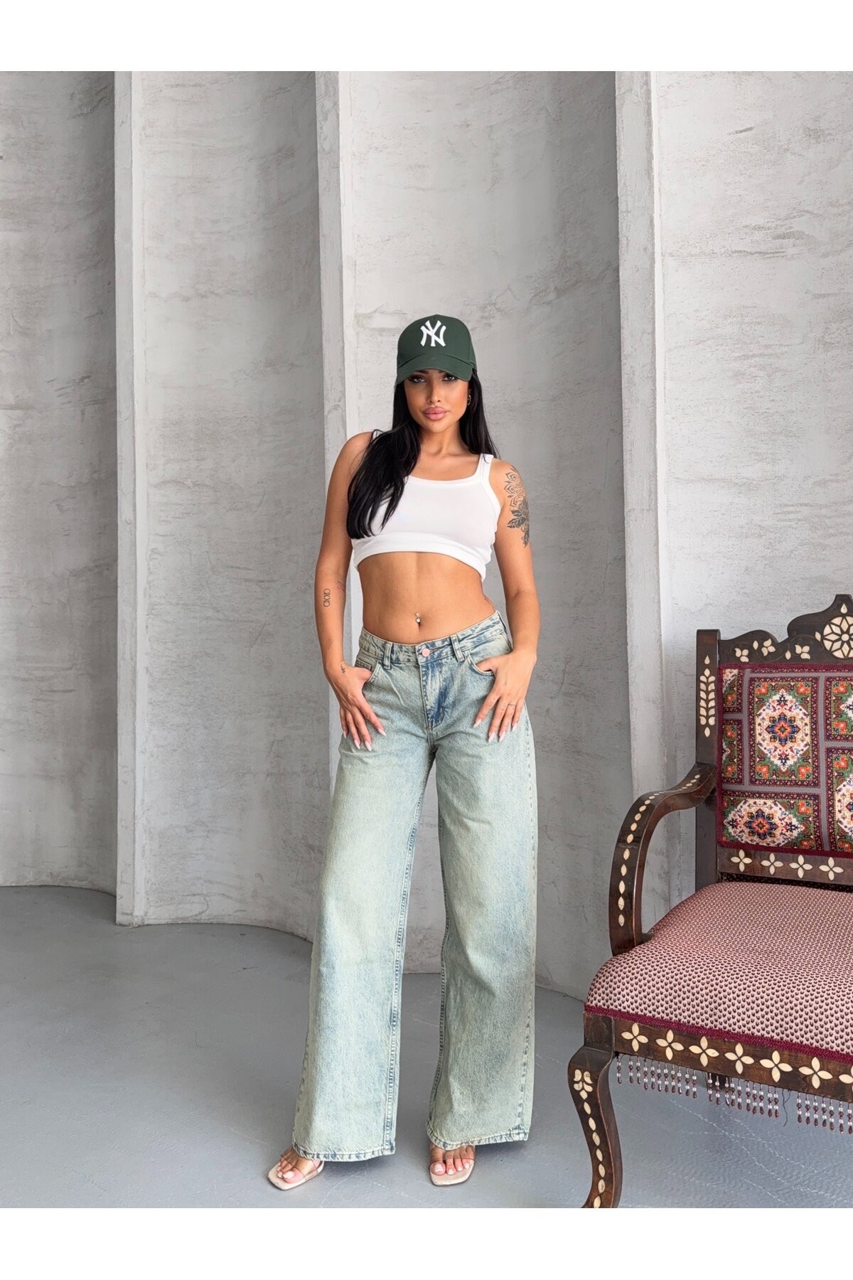 Yüksek Bel Açık Mavi Wide Leg Jean Pantolon