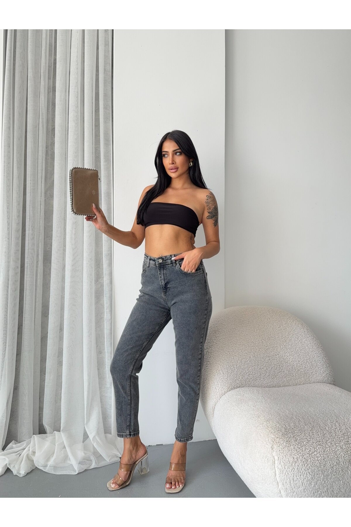 Yüksek Bel Yıkamalı Antrasit Mom Jean