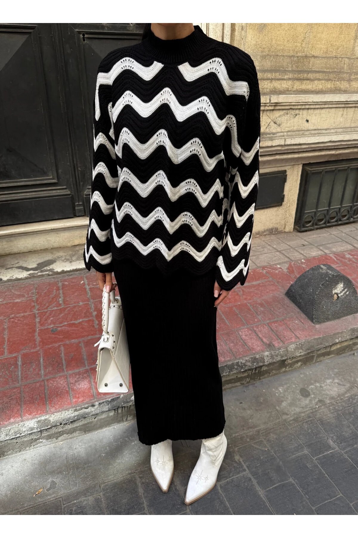 Zigzak Desenli Kazak Ve Elbise Triko Takım Siyah