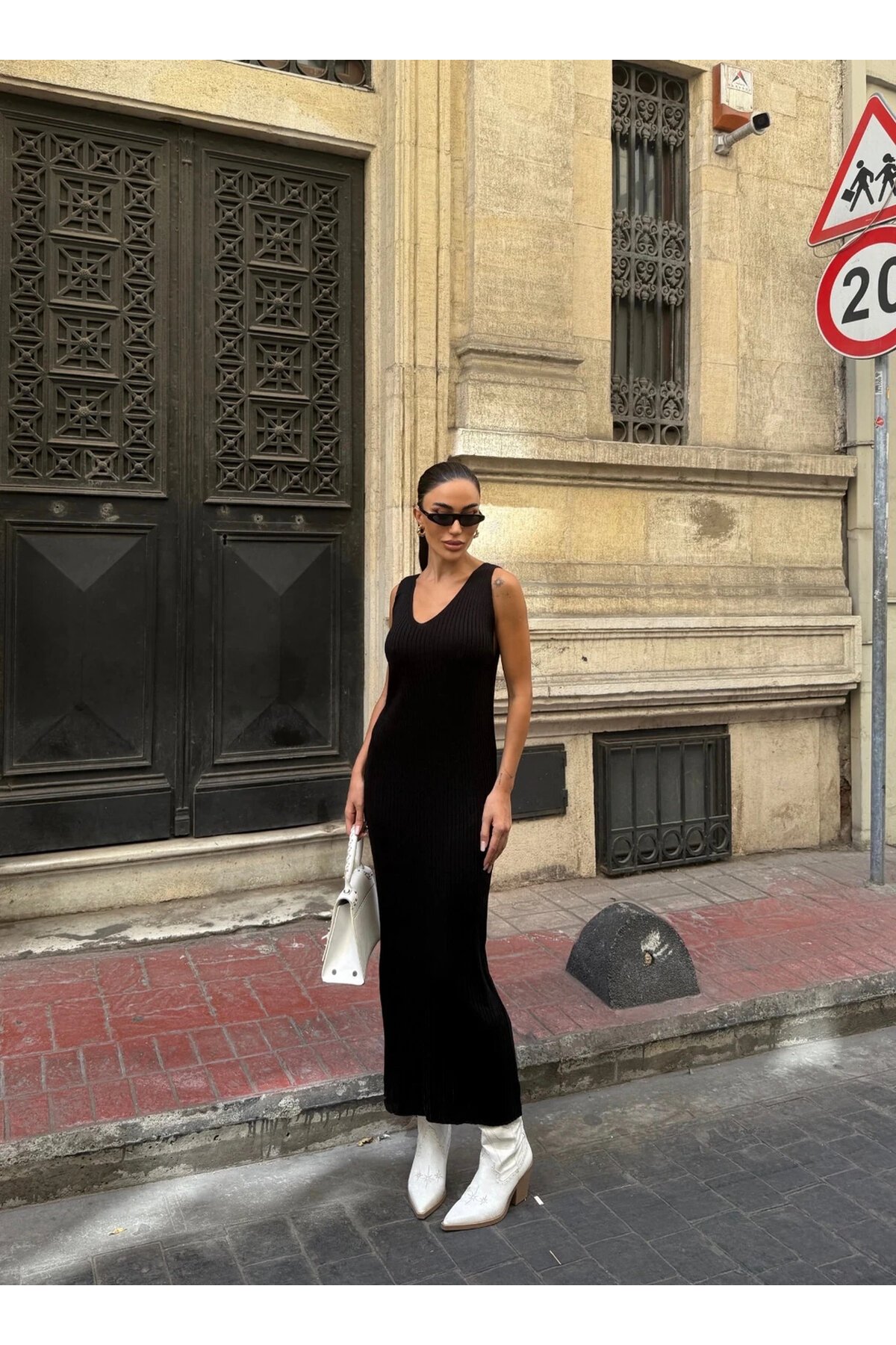 Zigzak Desenli Kazak Ve Elbise Triko Takım Siyah