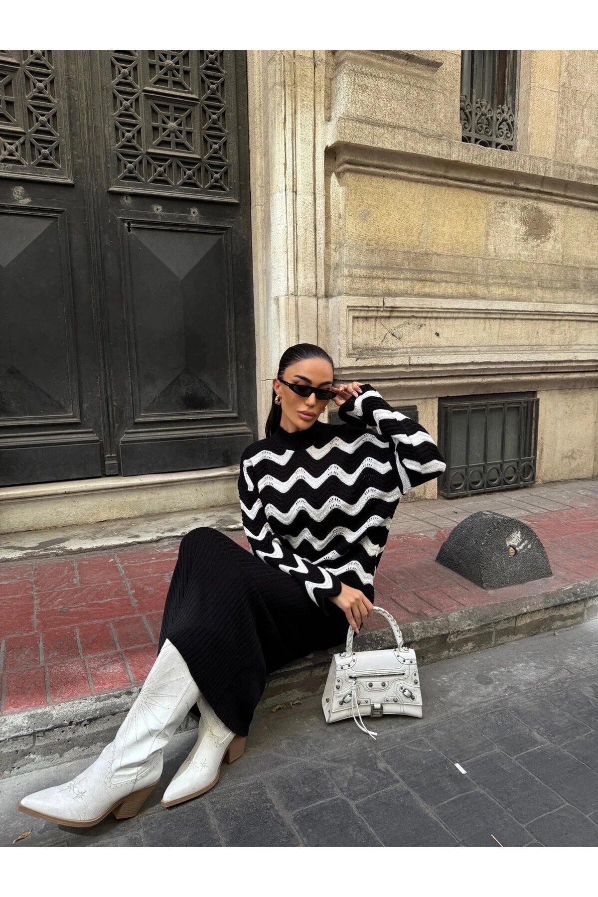 Zigzak Desenli Kazak Ve Elbise Triko Takım Siyah