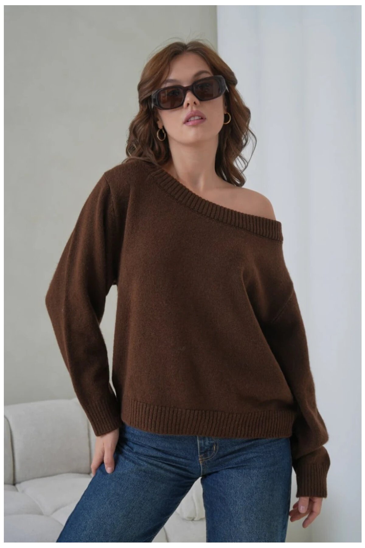 Asimetrik Yaka Oversize Triko Kazak