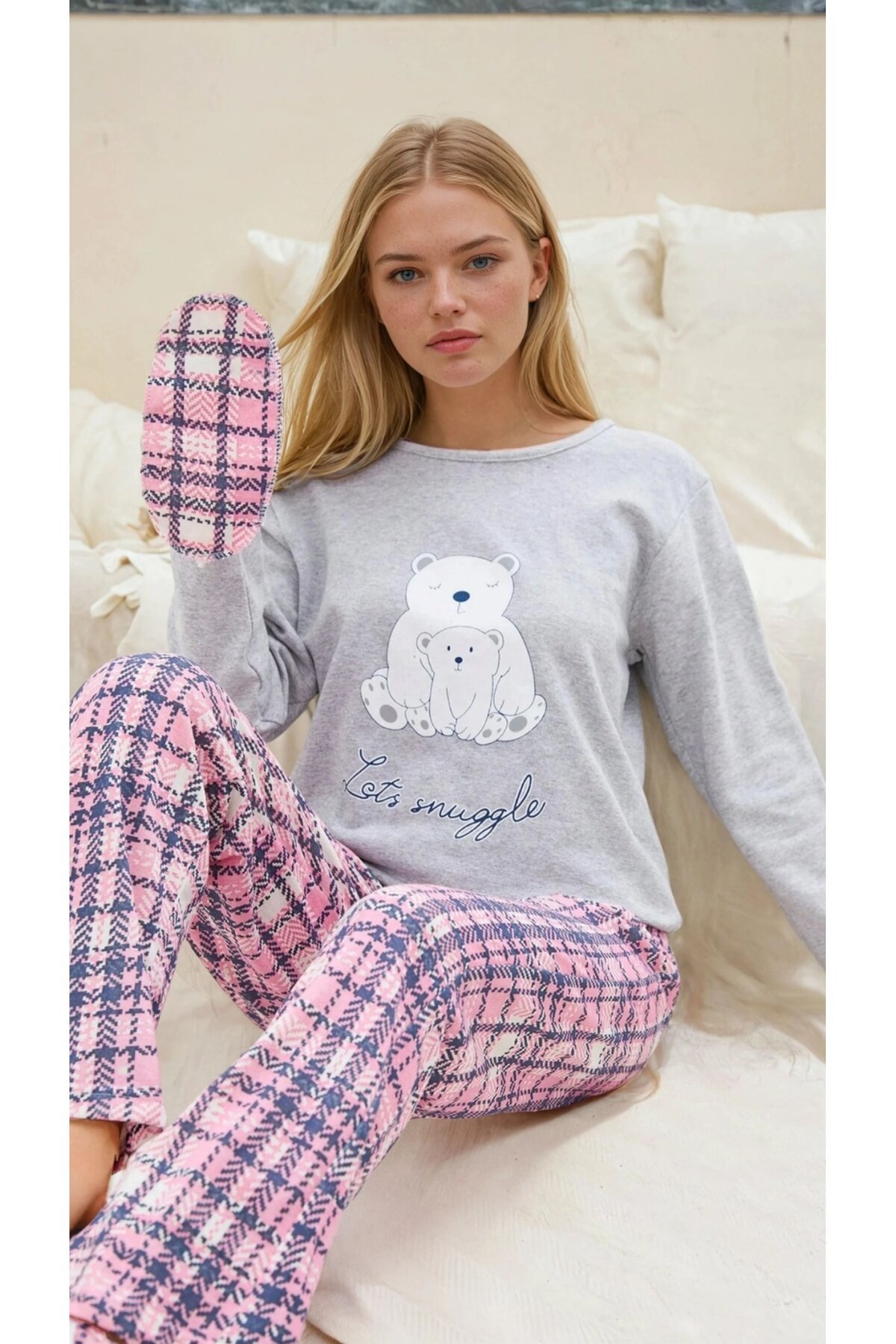 Ayıcık Baskılı Süprem Kumaş Kadın Pijama Takımı