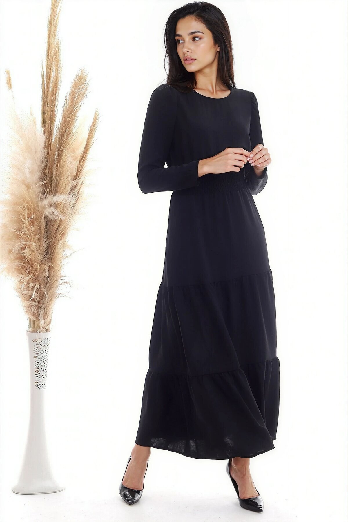 Ayrobin Beli Gipeli Uzun Kol Uzun Elbise SIYAH