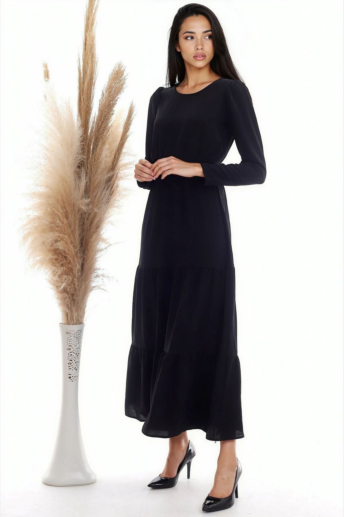 Ayrobin Beli Gipeli Uzun Kol Uzun Elbise SIYAH