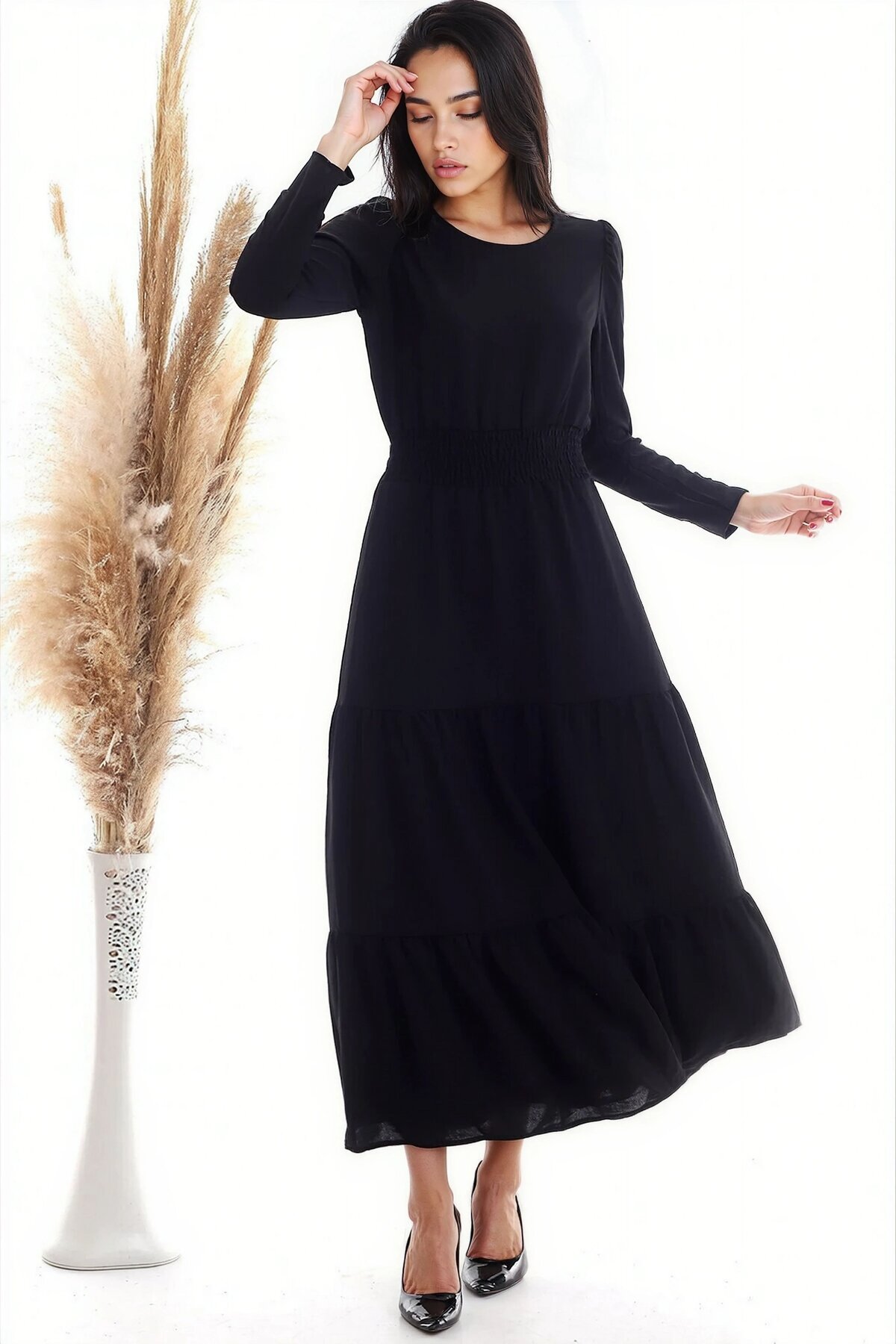 Ayrobin Beli Gipeli Uzun Kol Uzun Elbise SIYAH