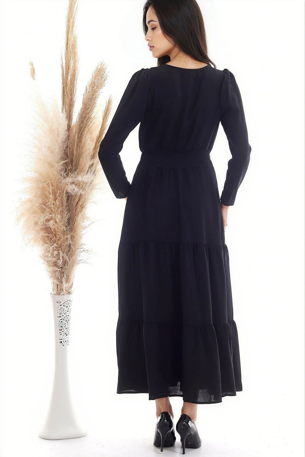 Ayrobin Beli Gipeli Uzun Kol Uzun Elbise SIYAH