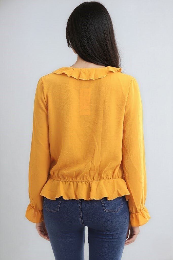 Ayrobin Kruvaze Fırfırlı Uzun Kol Bluz Hardal