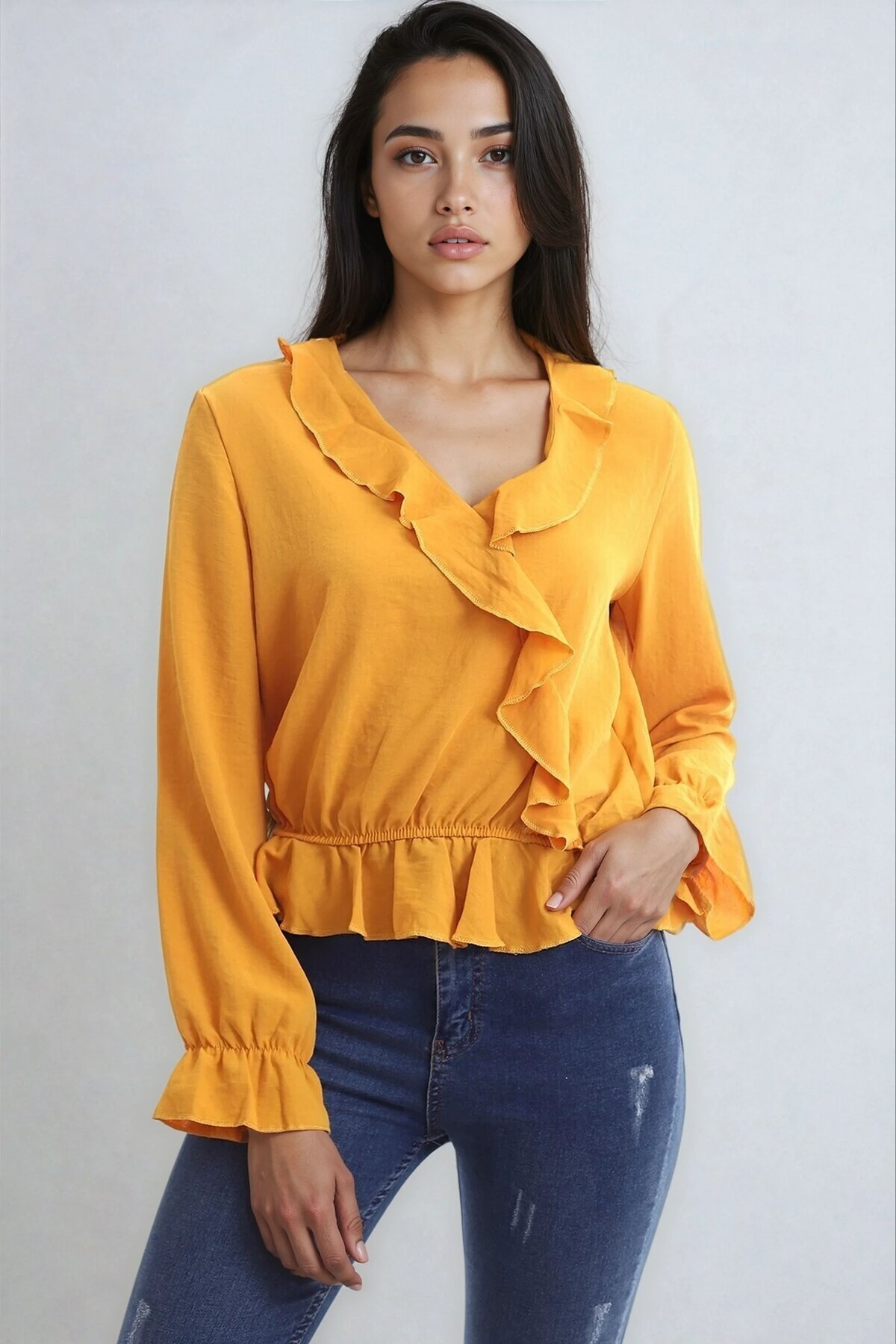 Ayrobin Kruvaze Fırfırlı Uzun Kol Bluz Hardal