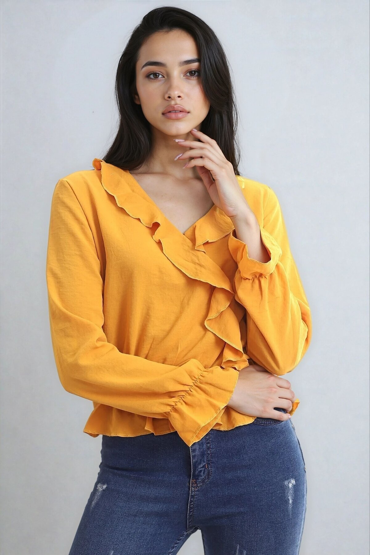 Ayrobin Kruvaze Fırfırlı Uzun Kol Bluz Hardal