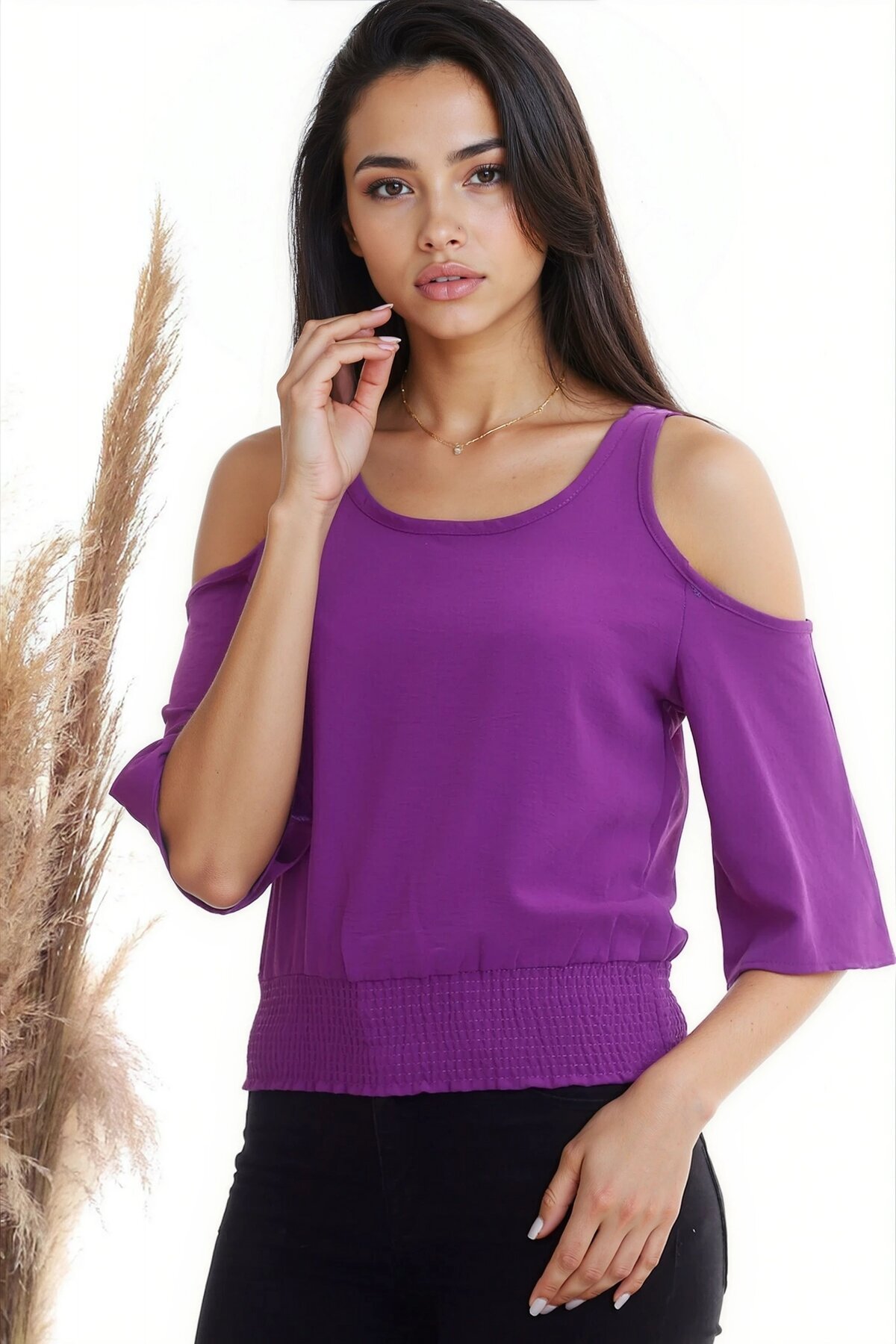 Ayrobin Omuzu Açık Beli Lastikli Kısa Kol Bluz MOR