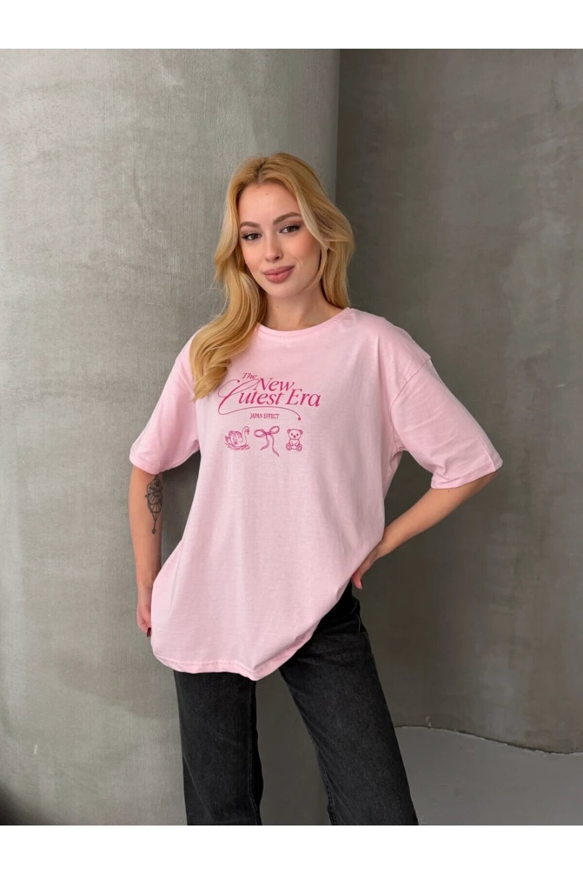Baskılı Oversize Kadın Tişört Pembe