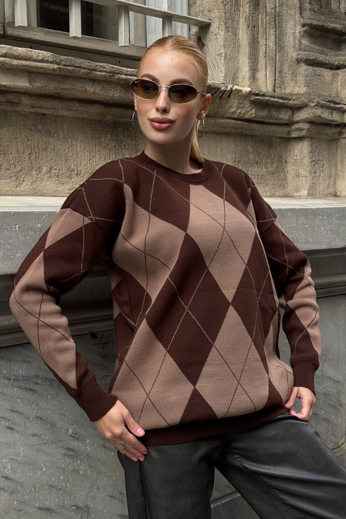 Bisiklet Yaka Baklava Desenli Triko Kazak