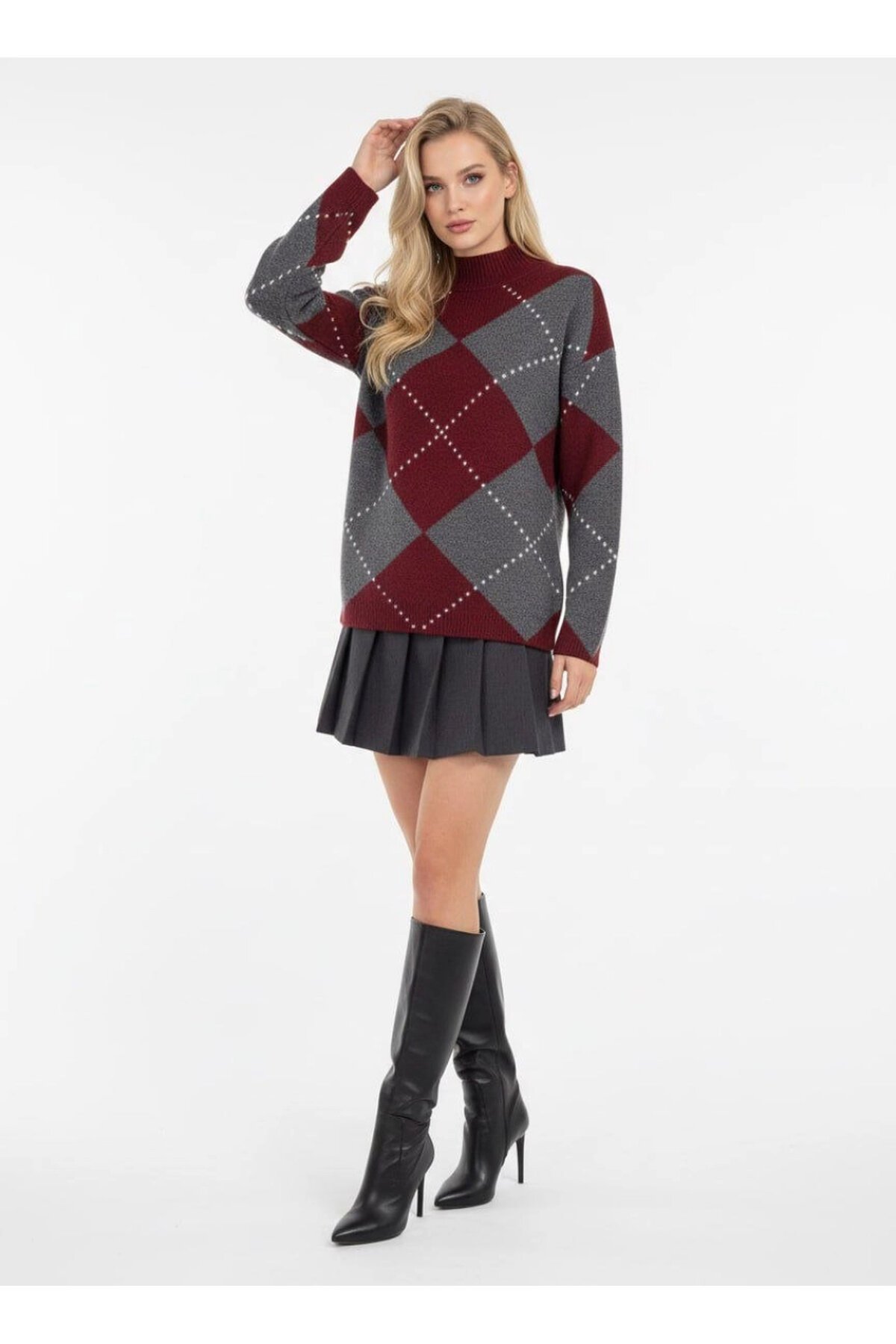 Bisiklet Yaka Baklava Desenli Triko Kazak