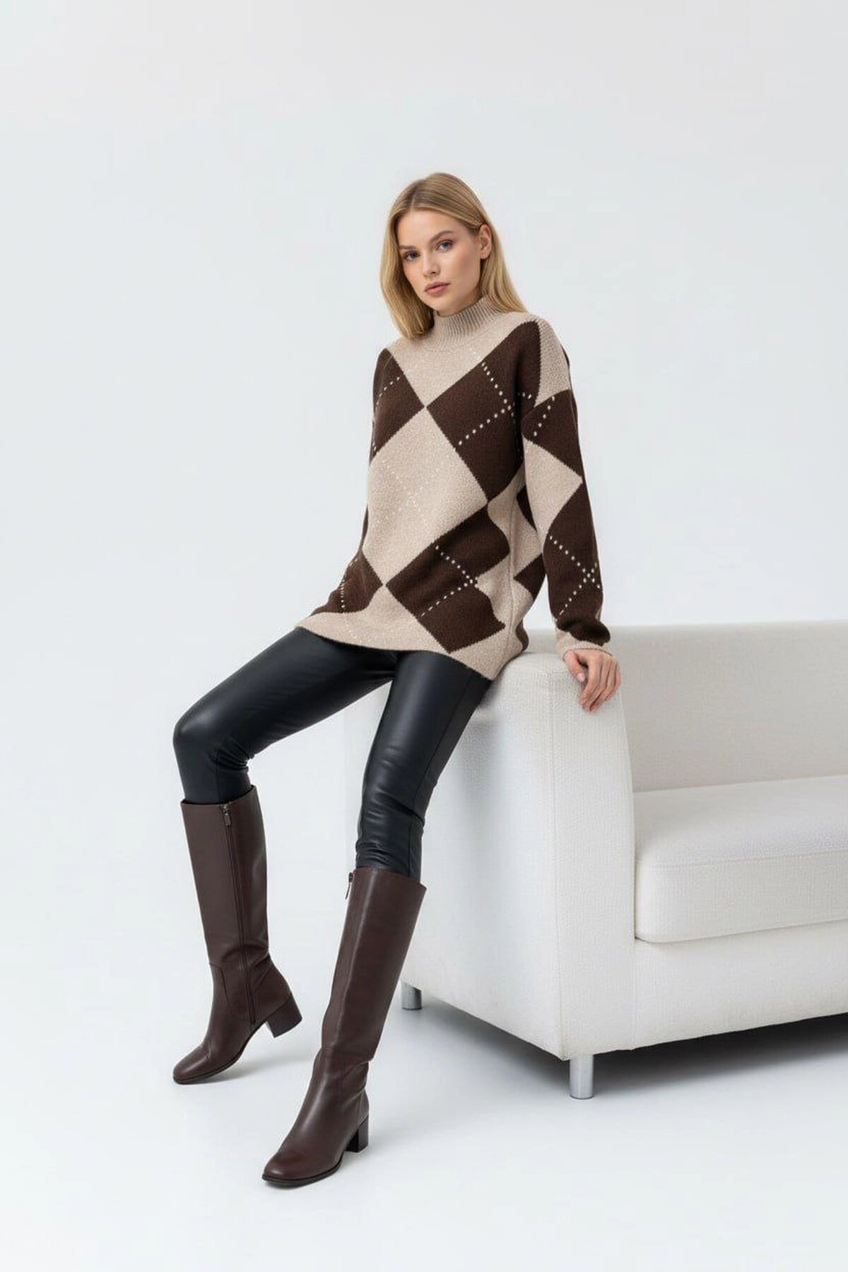 Bisiklet Yaka Baklava Desenli Triko Kazak