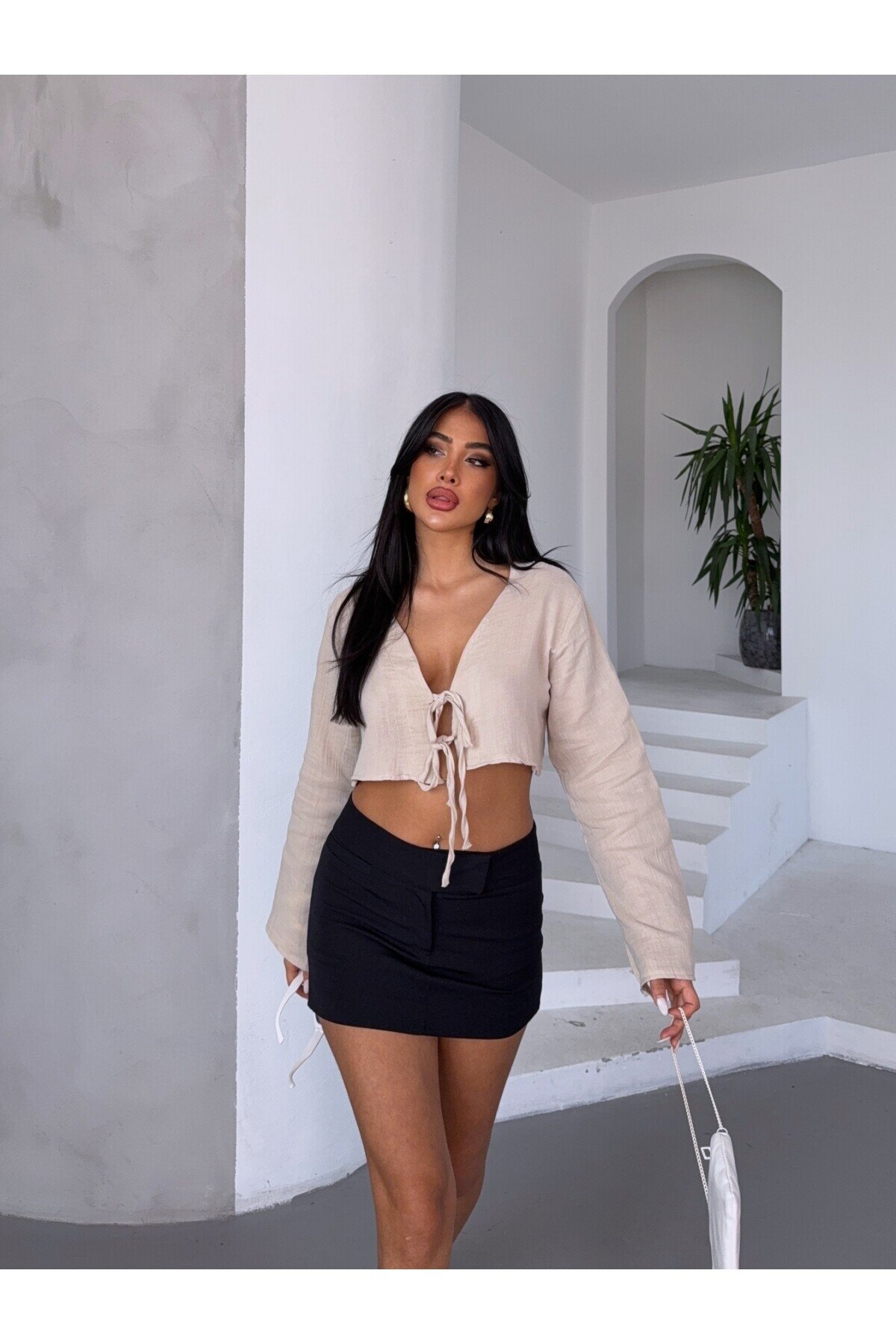 Çift Bağlama Detay Müslin Bluz Bej