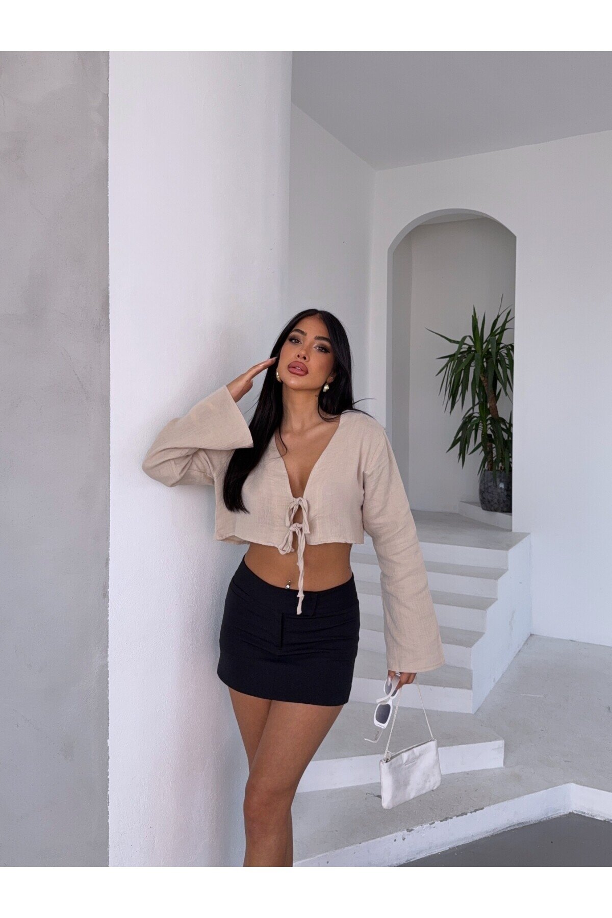 Çift Bağlama Detay Müslin Bluz Bej