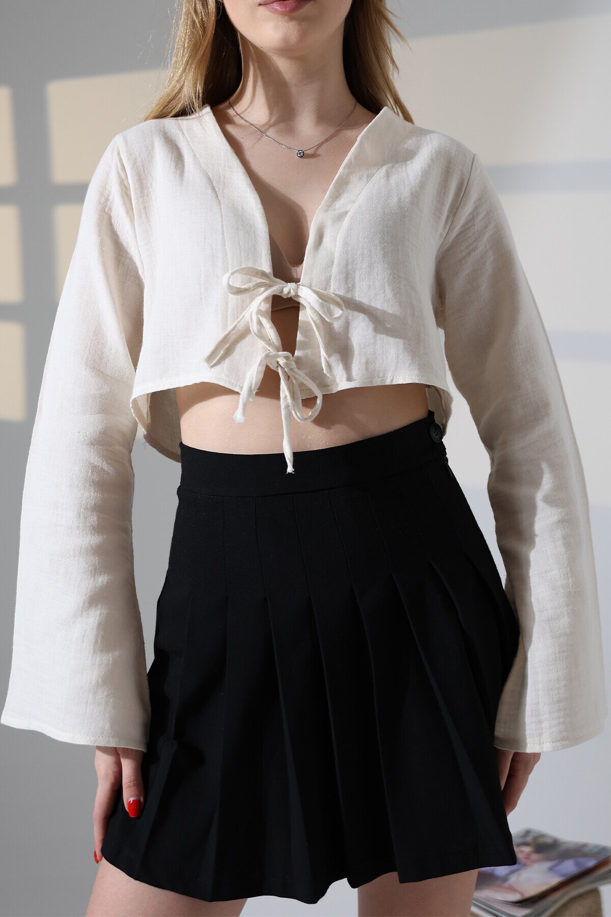 Çift Bağlama Detay Müslin Bluz Ekru