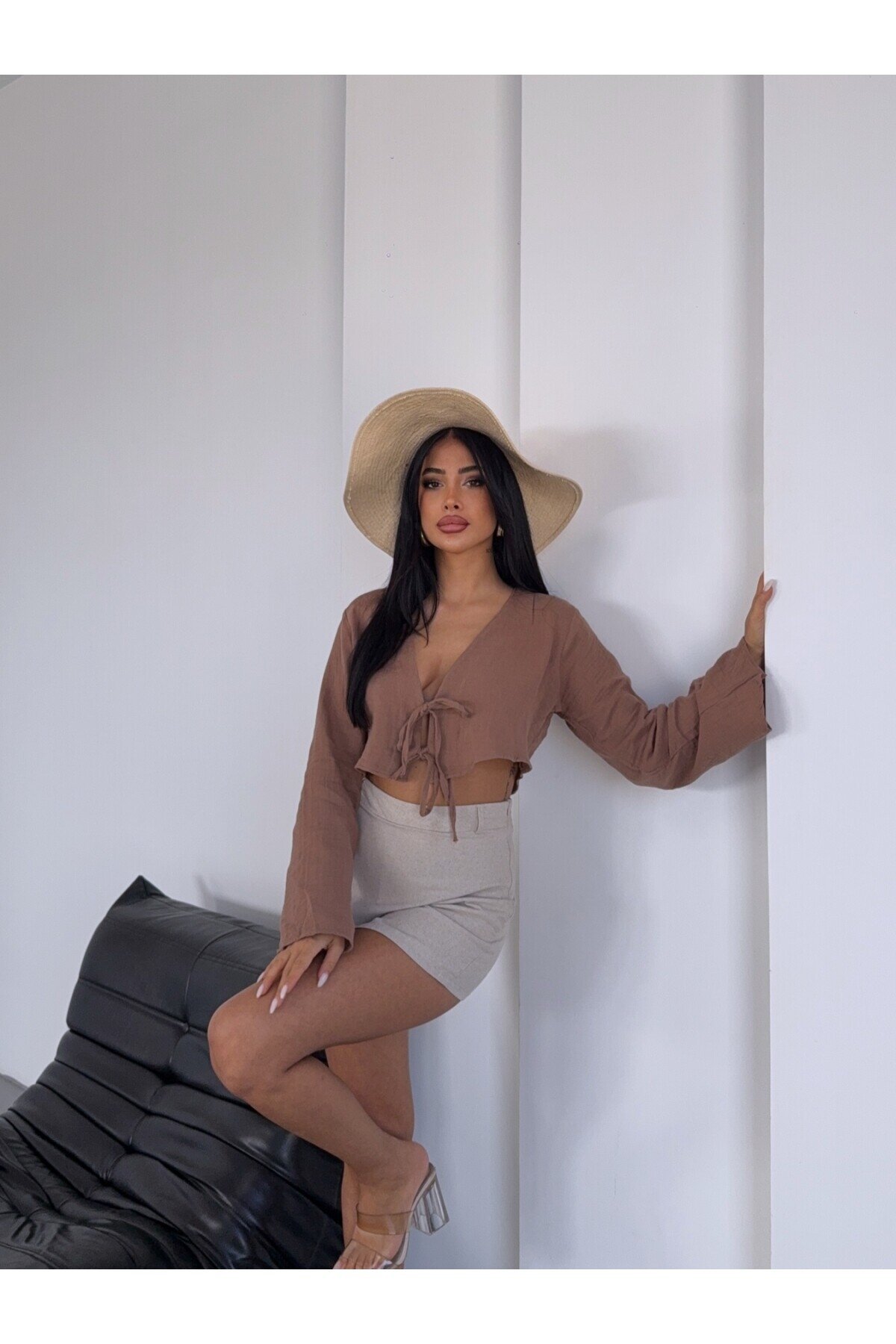 Çift Bağlama Detay Müslin Bluz Kahve