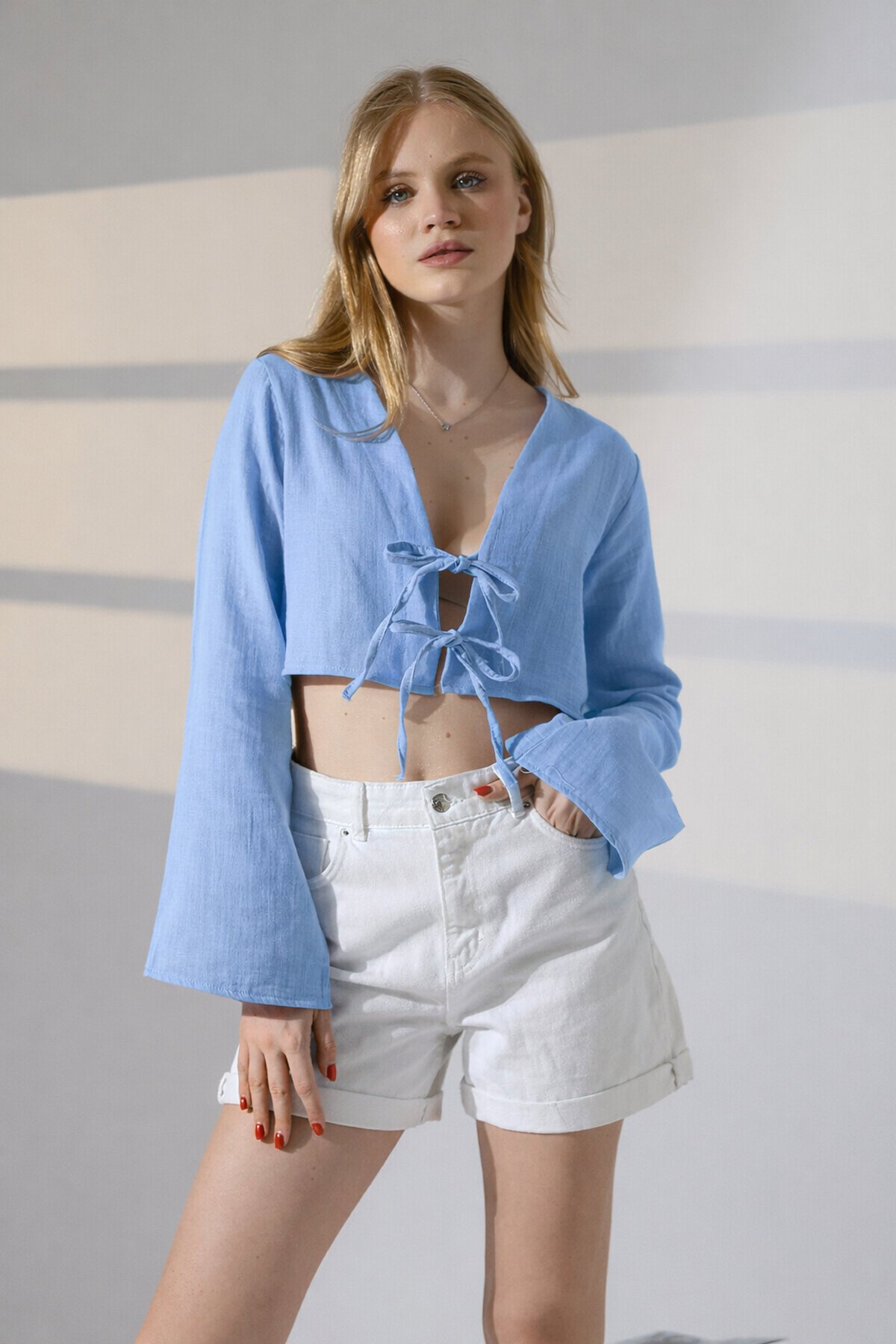 Çift Bağlama Detay Müslin Bluz Mavi