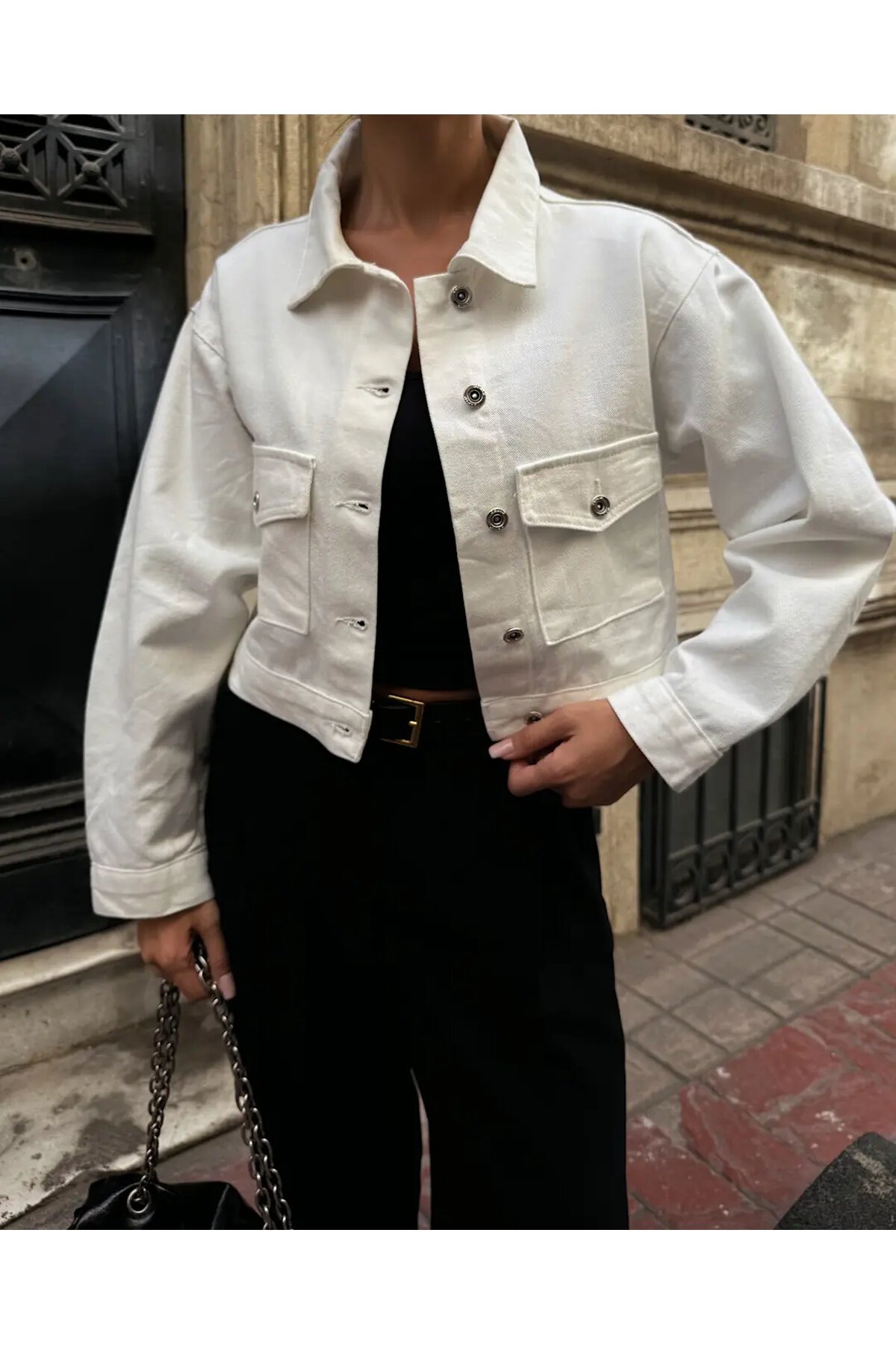 Çift Cep Denim Crop Ceket