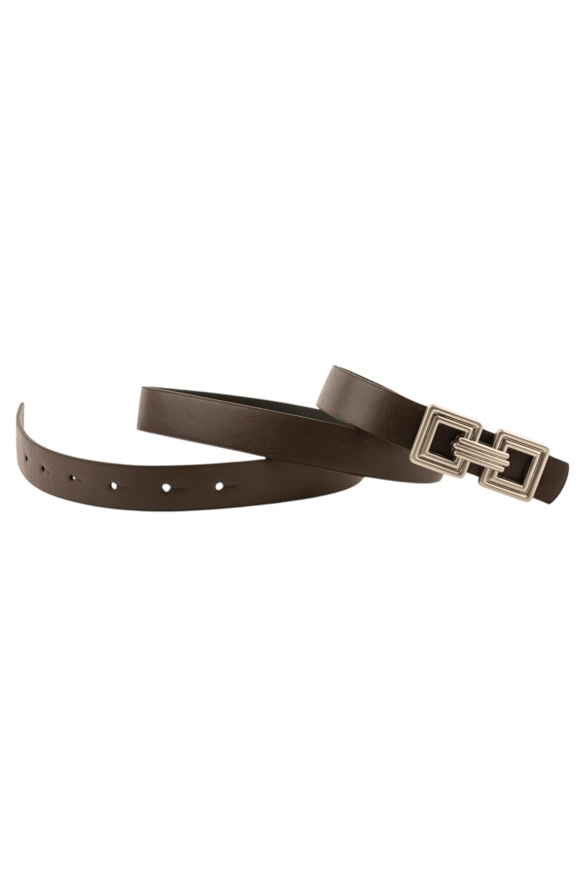 Çift Kare Tokalı Deri Kahverengi Kadın Kemer