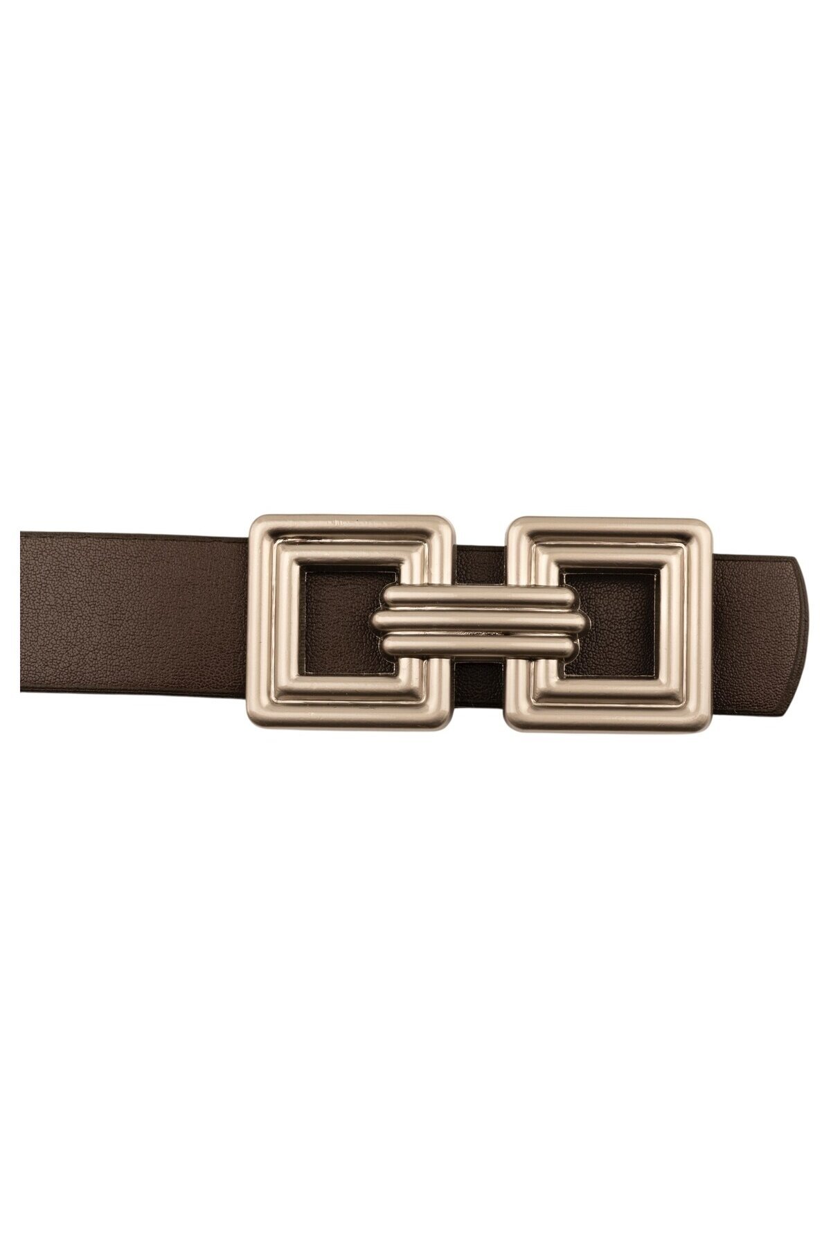 Çift Kare Tokalı Deri Kahverengi Kadın Kemer