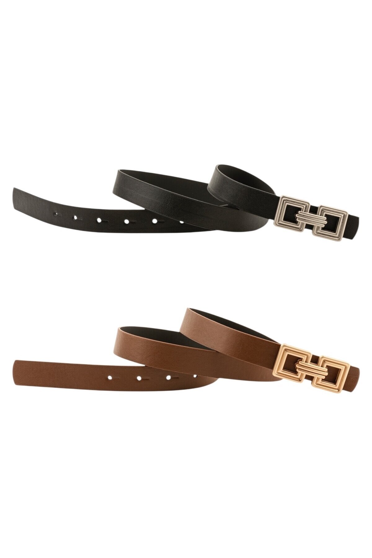 Çift Kare Tokalı İkili Set Siyah_Taba Kadın Kemer