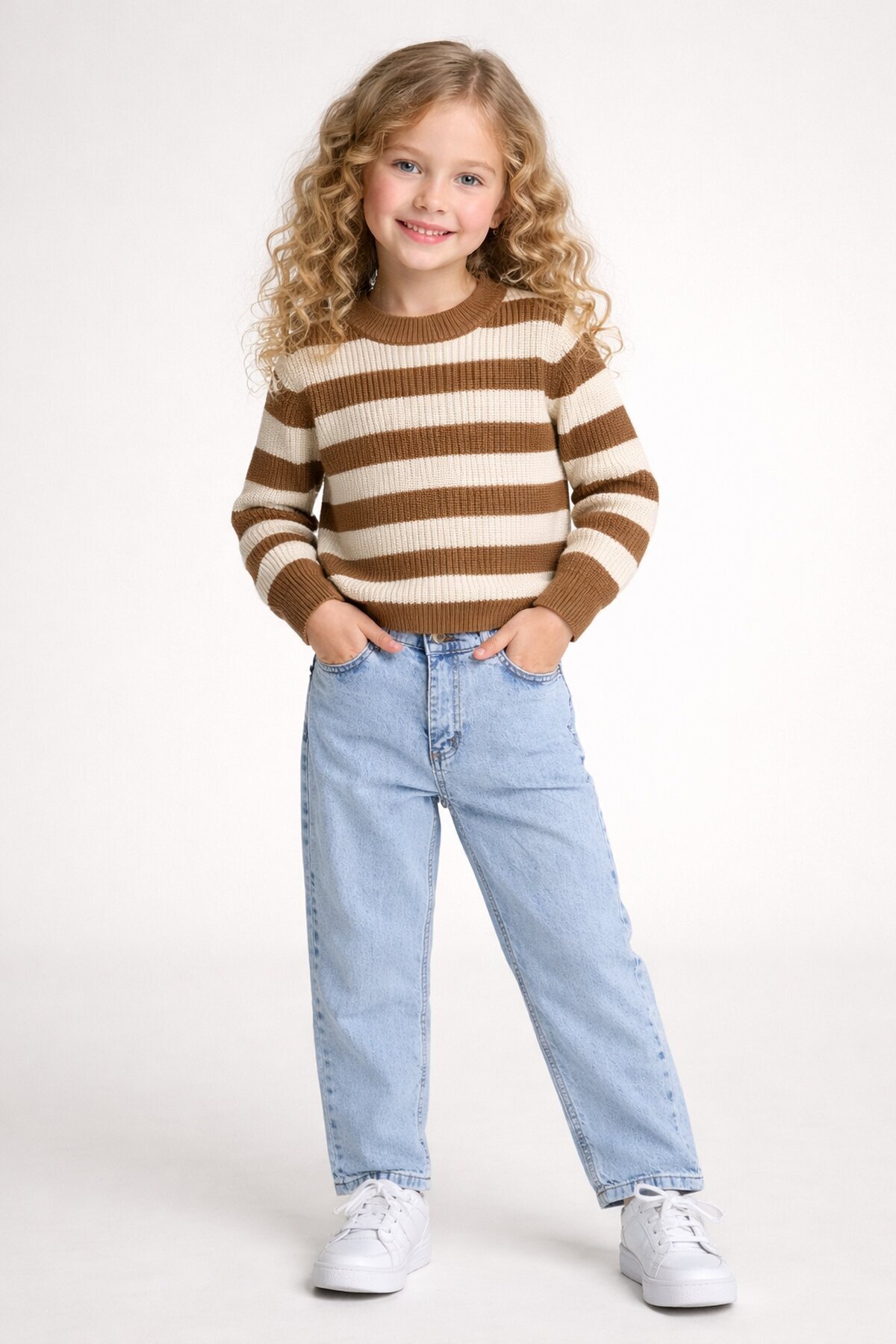 Çizgili Kazak Ve Jean Takım Bej