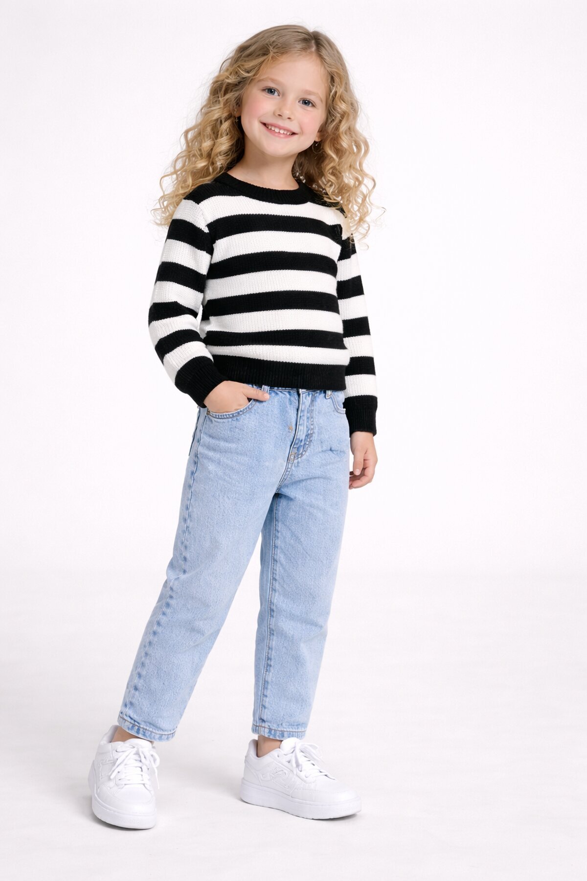 Çizgili Kazak Ve Jean Takım Siyah