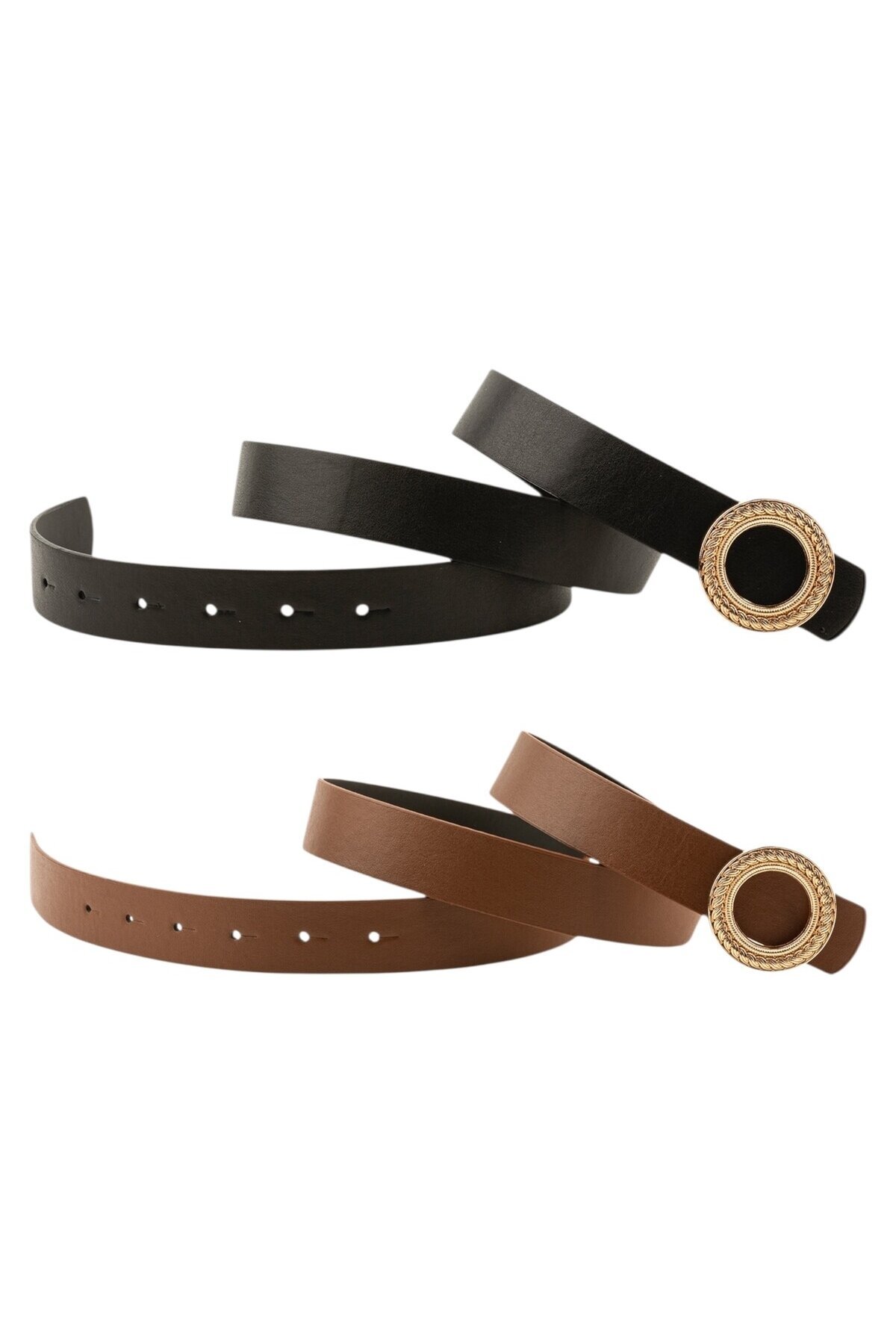 Desenli Halka Tokalı İkili Set Siyah_Taba Kadın Kemeri