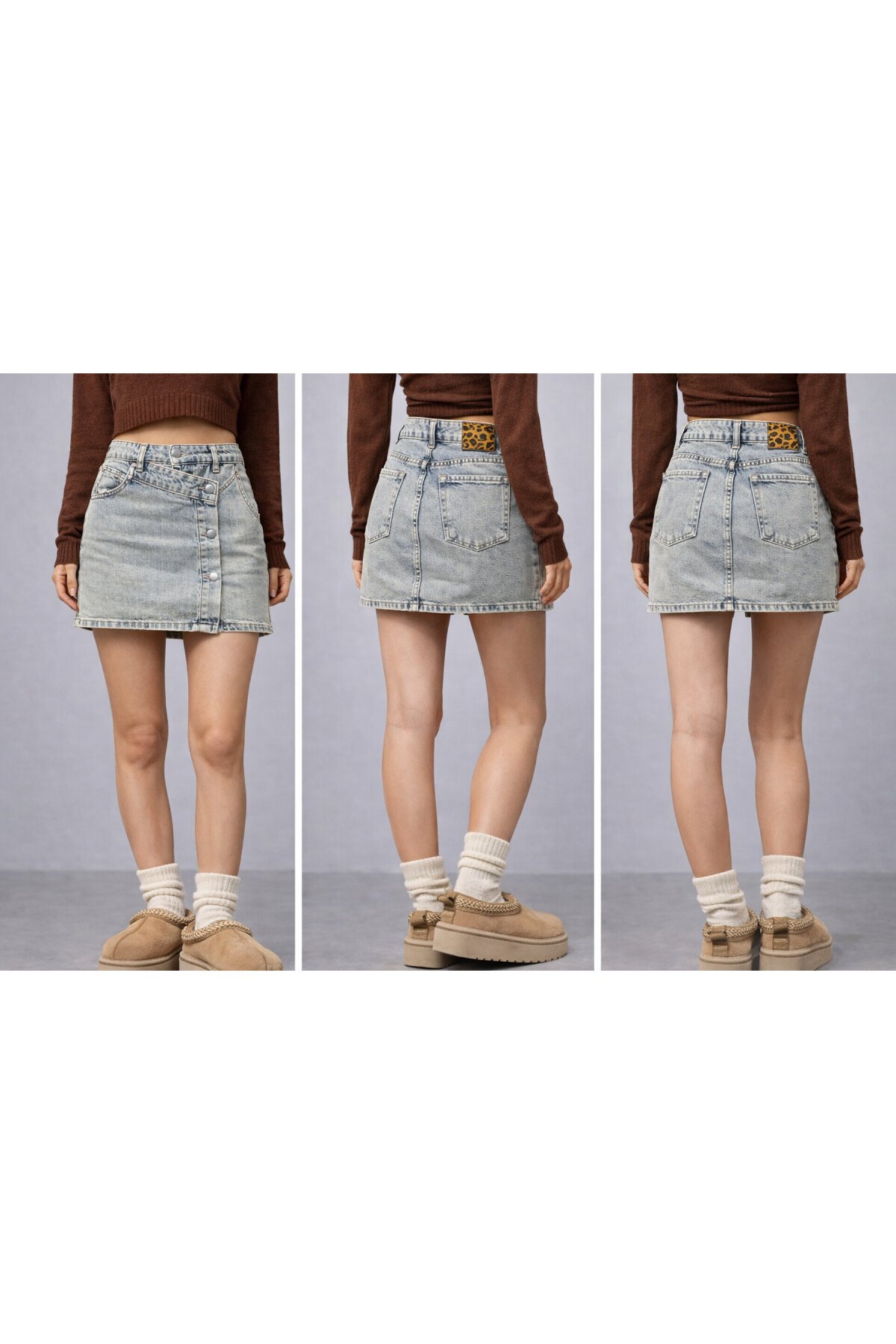 Düğme Detaylı Jean Mini Etek