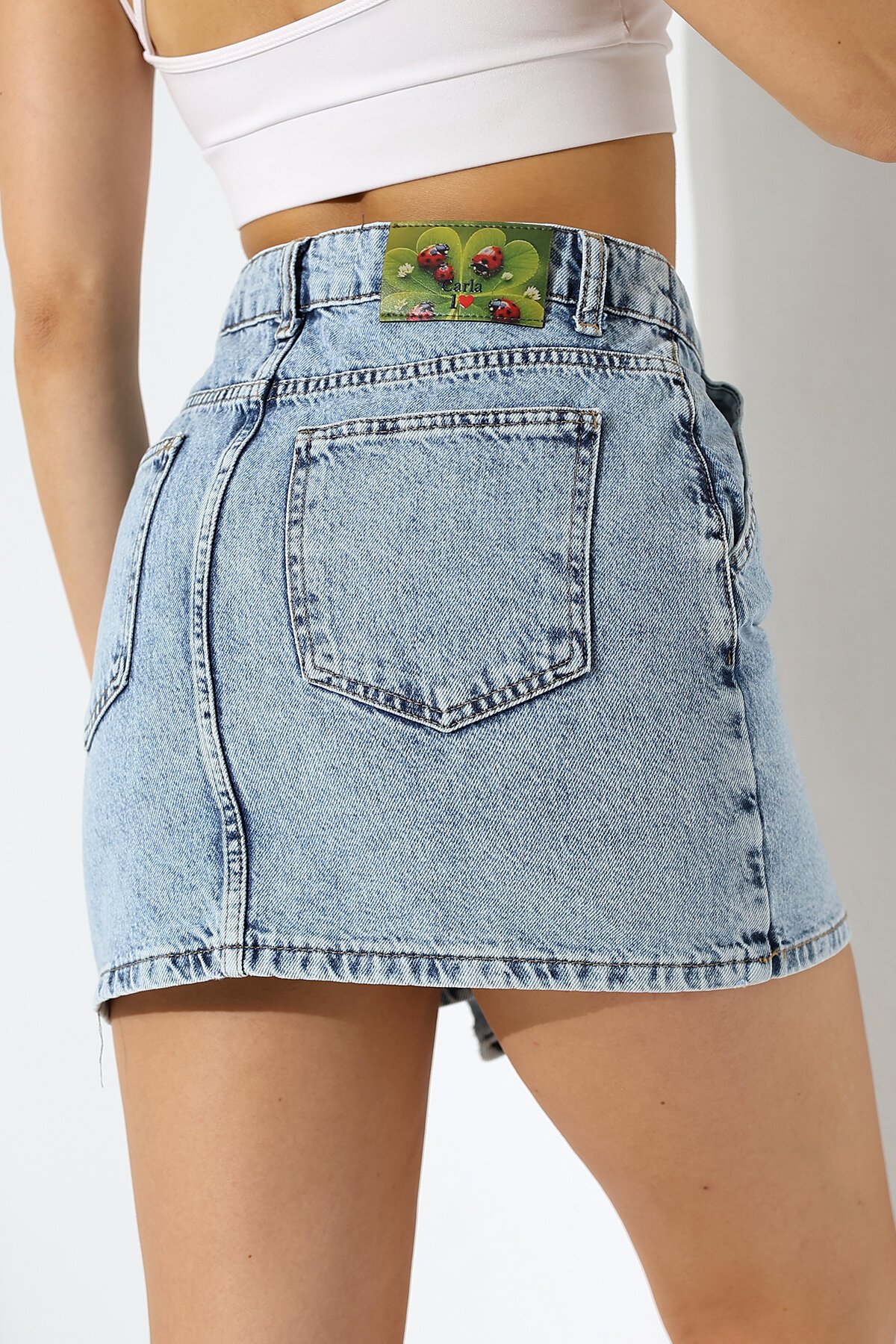 Düğme Detaylı Jean Mini Etek – Mavi