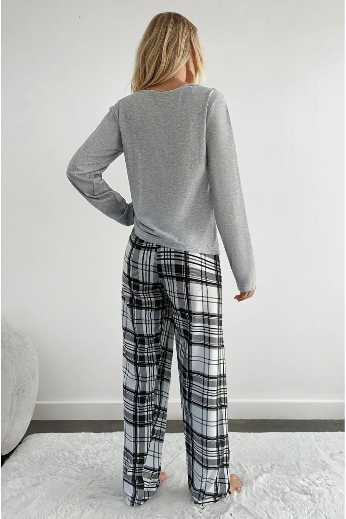 Ekose Desen Kalp Detay Uzun Kol Pijama Takımı