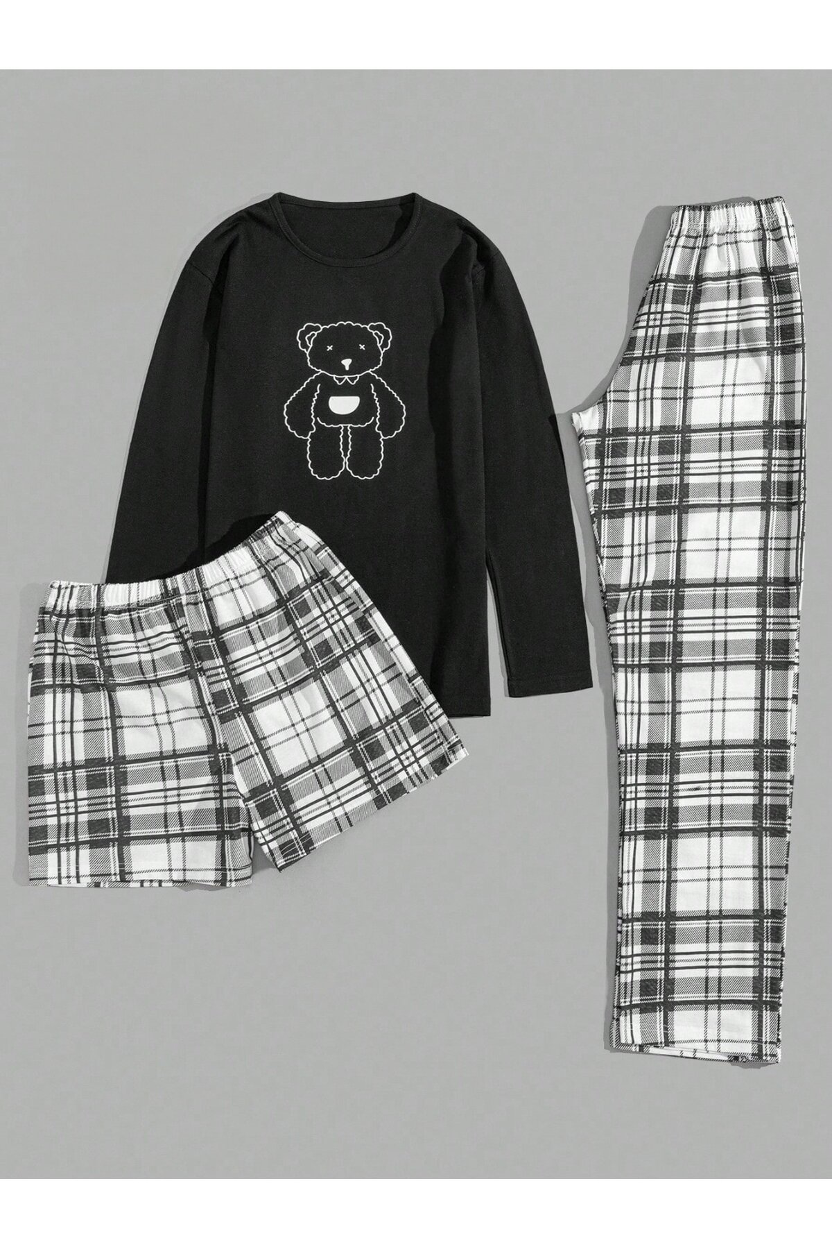 Ekose Desenli 3 Parça Erkek Pijama Seti Ayıcık Baskılı