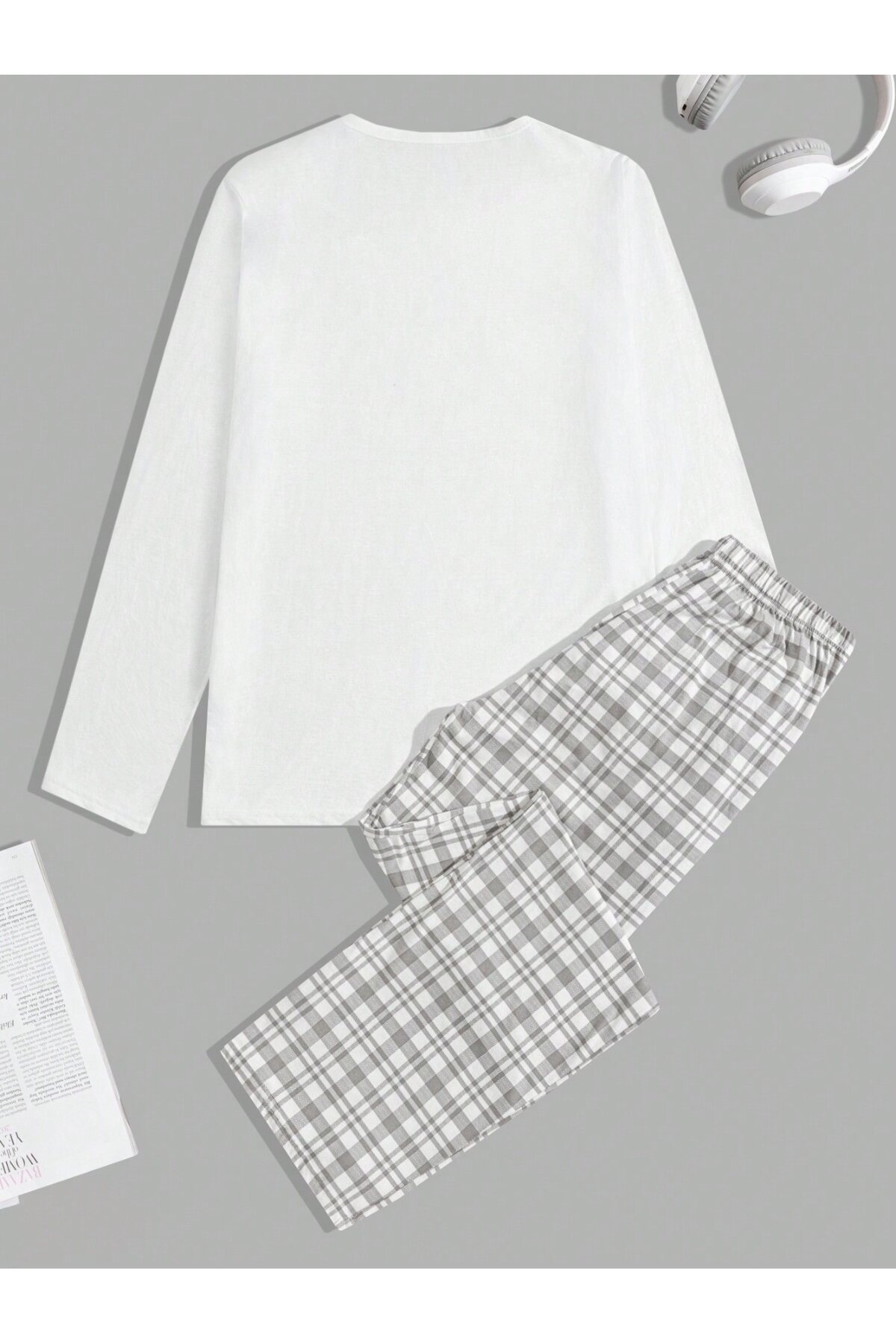 Erkek Uzun Kollu Baskılı Pijama Takımı Ekose Pantolonlu Beyaz