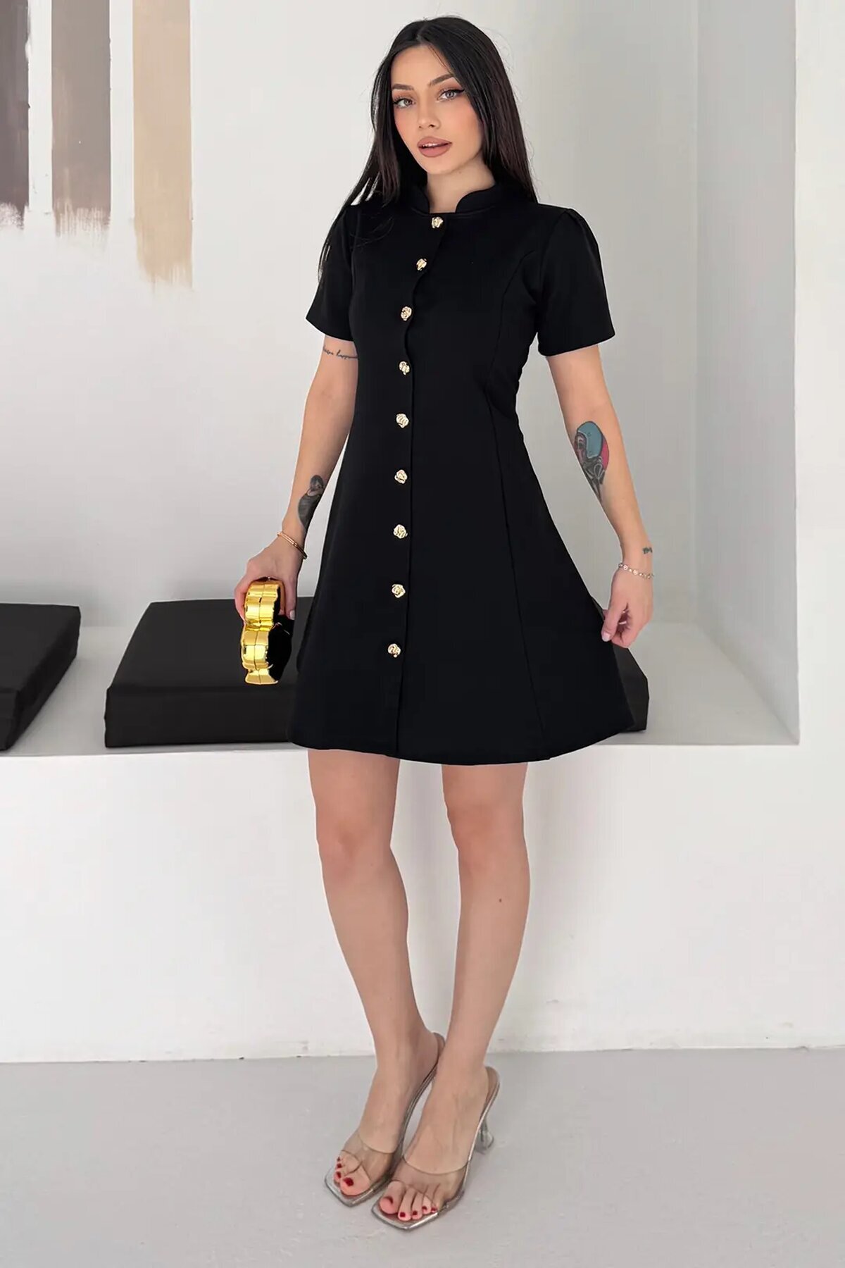 Kadın Düğme Detay Siyah Elbise